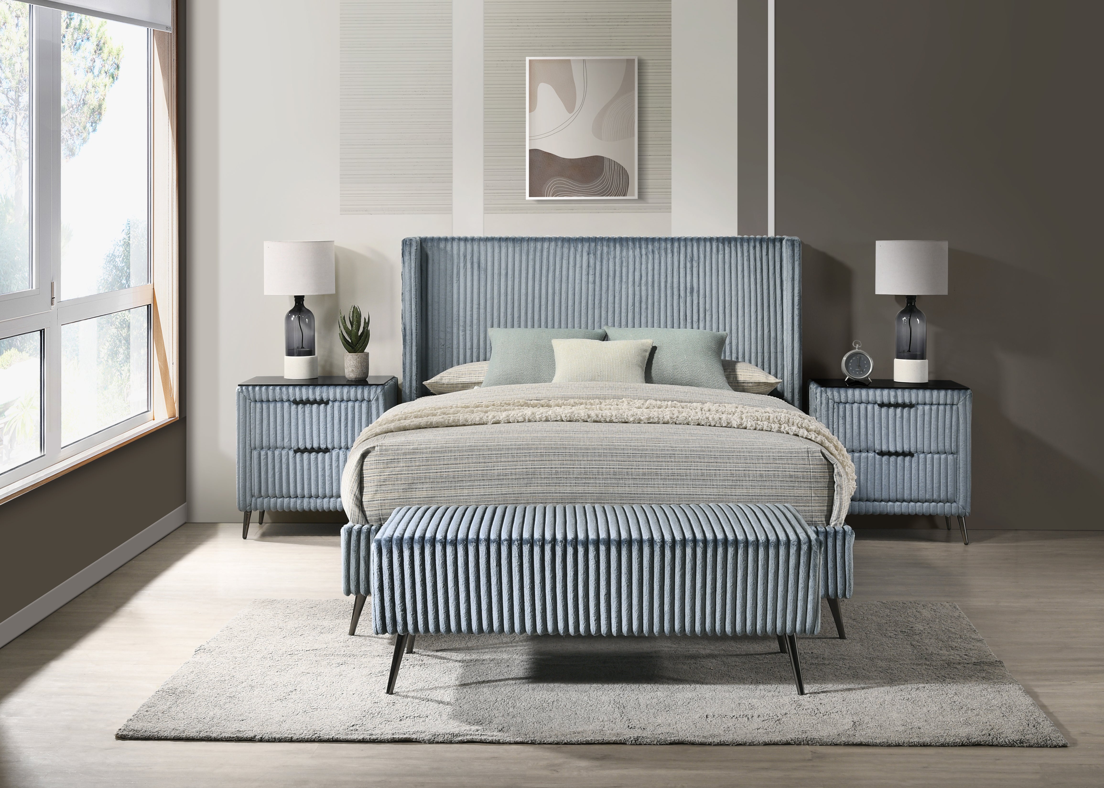 Roundhill Furniture Mavela Wide Wale Corduroy Upholstered Bedroom Set - Queen Size Bed Frame, Nightstand & Dresser - Cozy Modern Bedroom Furniture for Small Spaces & Guest Rooms