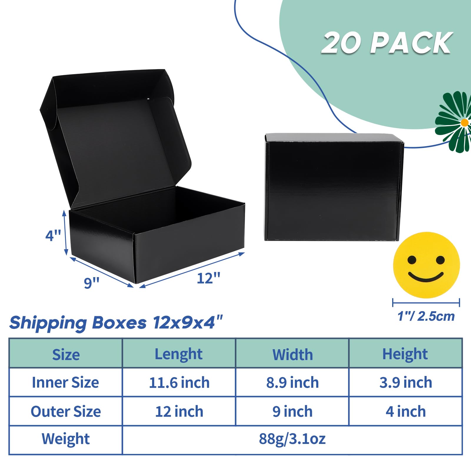 Rempry 12x9x4 Inch Black Corrugated Shipping Boxes 20 Pack - Heavy Duty Cardboard Mailer Boxes for Small Business, Ecommerce & Retail Packaging - Perfect for Shipping Books, Clothing & Gifts