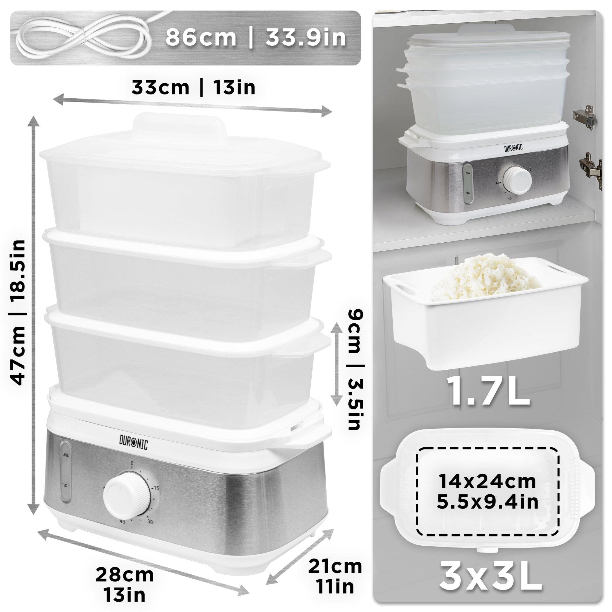 Duronic FS95 3-Tier Electric Food Steamer - 9L Capacity for Vegetables, Rice, Meat, Dumplings & Fish - Healthy Cooking Steamer for Baby Food, Eggs & More - Perfect for Meal Prep & Healthy Eating at Home
