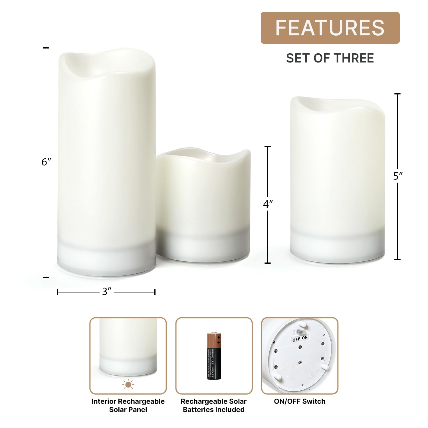 Outdoor Solar Candles 3 Pack - Waterproof Flameless LED Pillar Candles with Flickering Light & Dusk to Dawn Timer - Perfect for Patio, Garden, Yard, and Poolside Decor - Rechargeable Batteries Included
