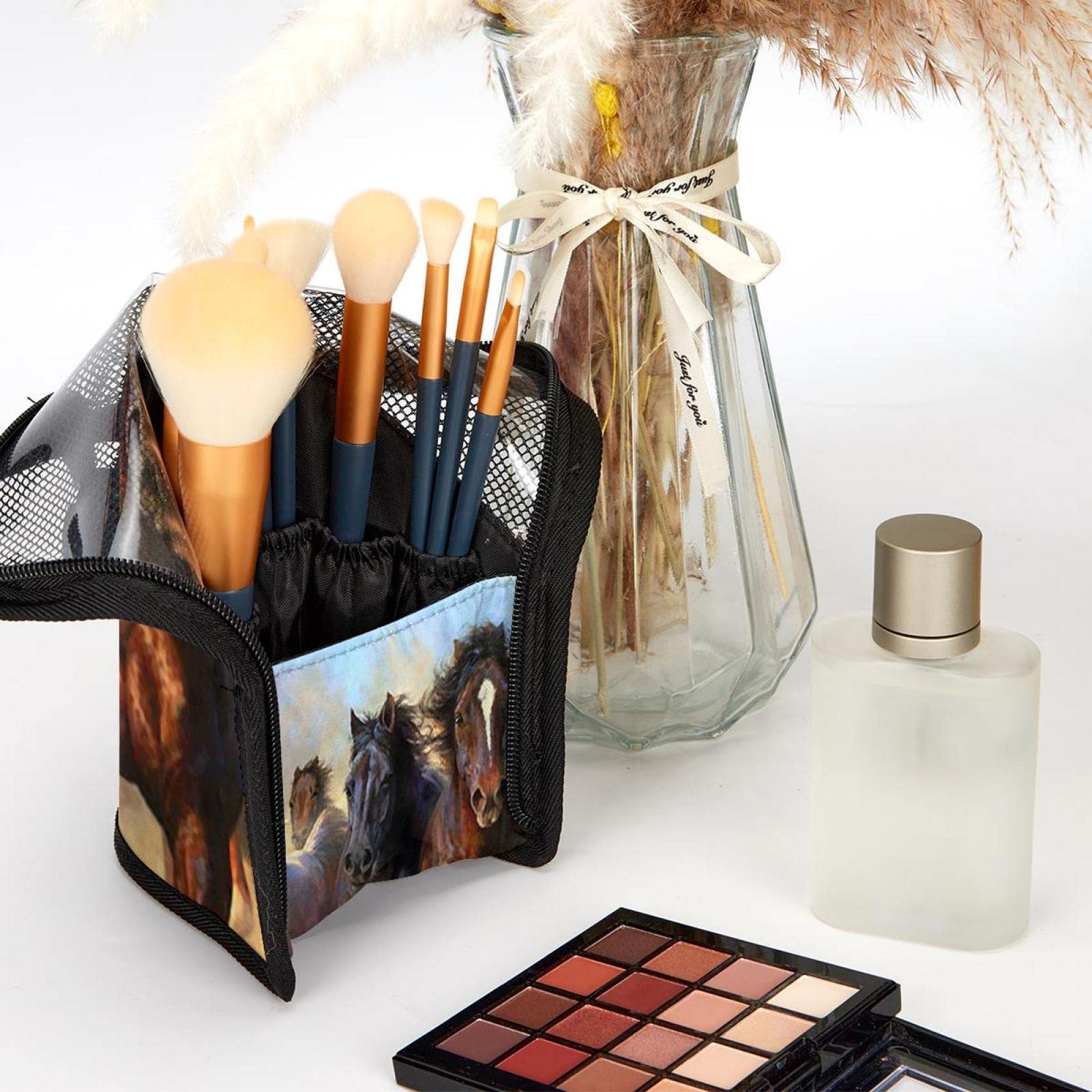 Premium 12-Piece Makeup Brush Organizer Bag - Running Horse Prairie Animal Design, Portable Makeup Brush Holder Case for Travel & Home Storage | Perfect for Makeup Artists & Beauty Enthusiasts