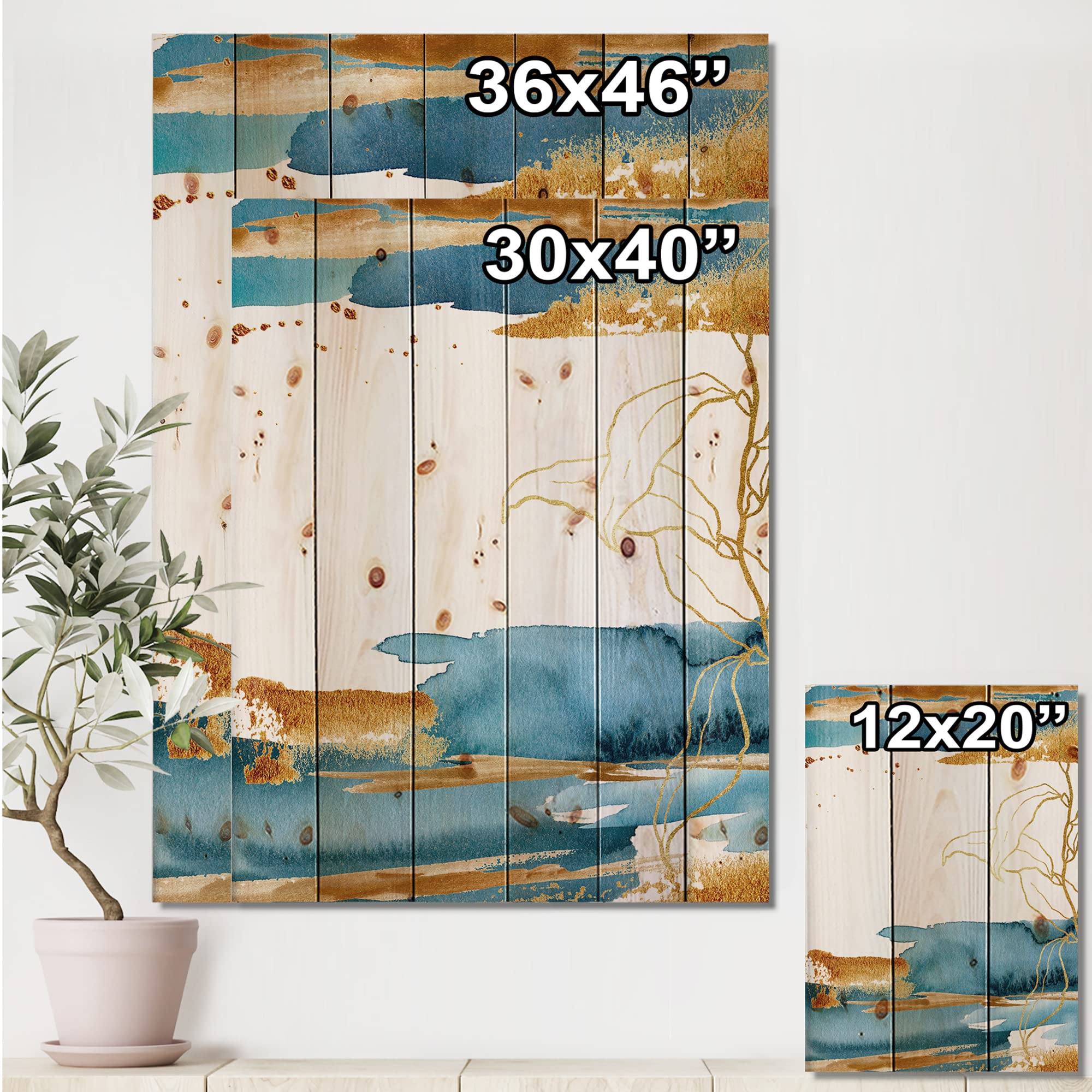 DesignQ Golden Laminaria Branch & Leaves Wood Wall Art - Handcrafted Blue Floral Wall Decor Panel Printed on Natural Pine Wood - Perfect for Living Room, Bedroom & Office Decoration