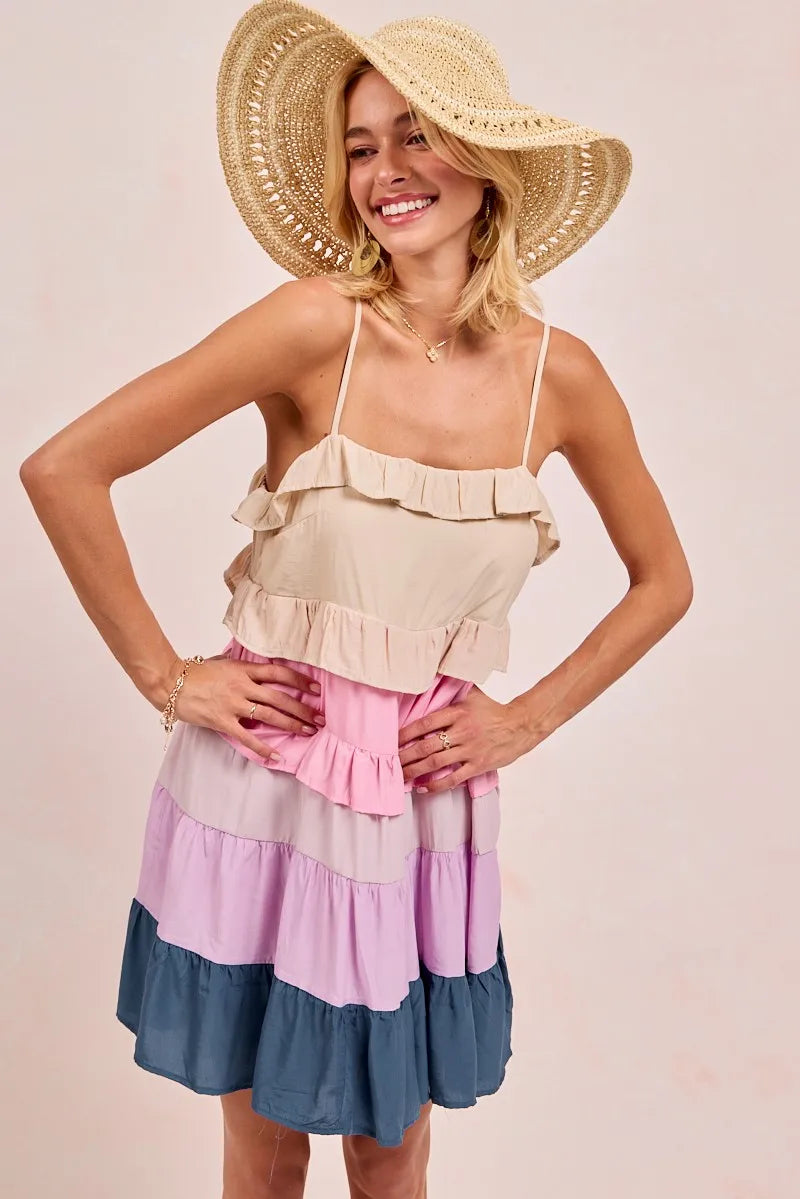 Stylish Color Block Tiered Dress for Women - Trendy Flowy Midi Dress for Casual Outings & Summer Parties