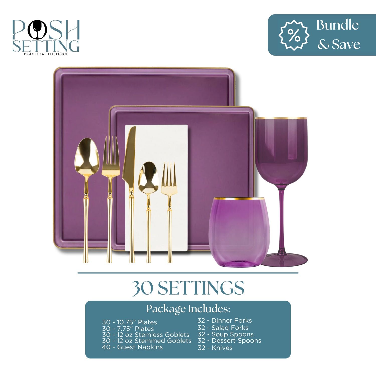 Purple and Gold Disposable Plastic Party Tableware Set - 30-Piece Square Edge Dinnerware Bundle for Birthday, Wedding & Holiday Celebrations