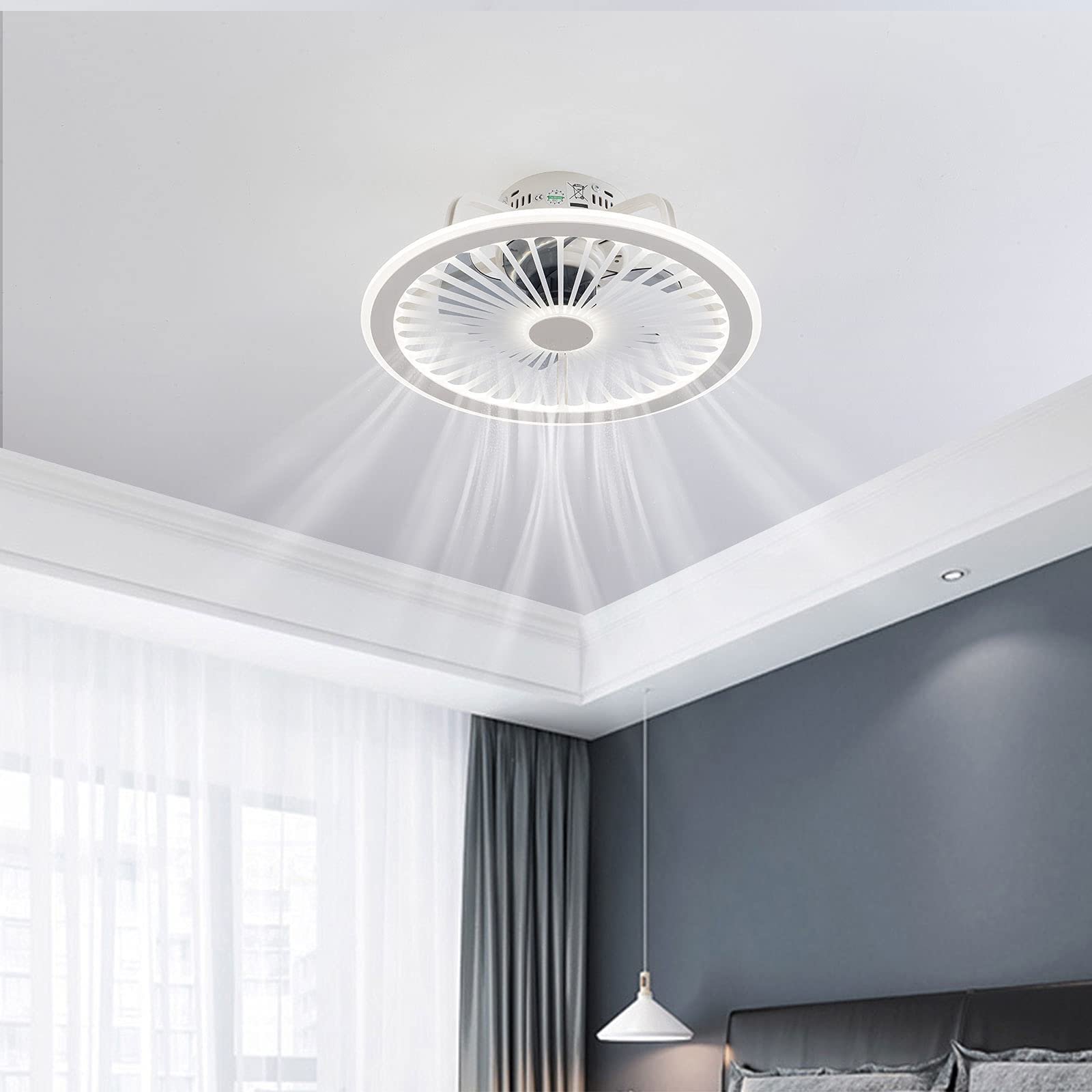 19in Bladeless Ceiling Fan with Lights - 48W Flush Mount Low Profile Smart Fan with Remote, Dimmable 3-Color LED Lighting & Timer - Modern Invisible Blade Design for Bedroom, Nursery, Living Room & Office