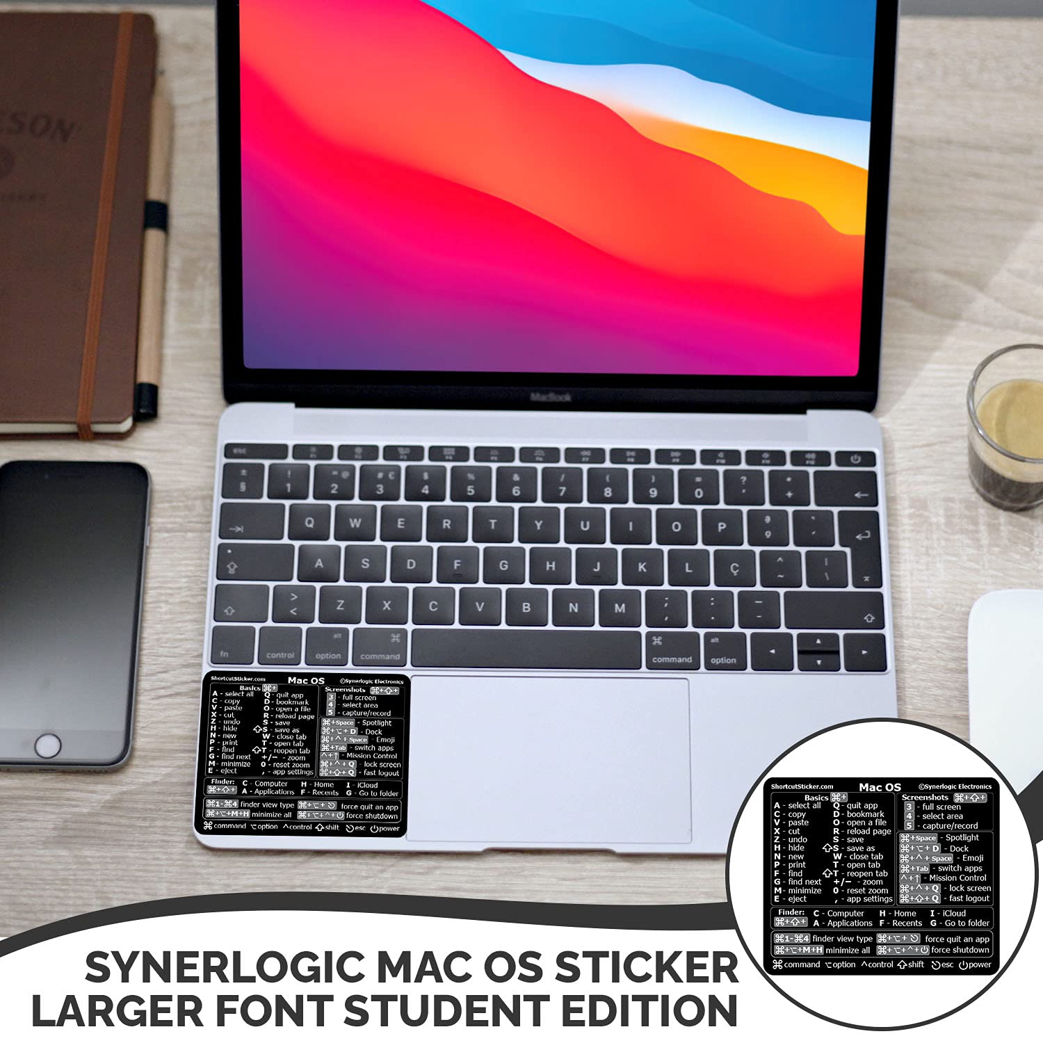 Synerlogic Universal Mac OS Keyboard Shortcut Sticker - No-Residue Laminated Vinyl for MacBook Air/Pro/iMac/Mini (Black) | Essential Mac Productivity Tool for Office Work & Programming