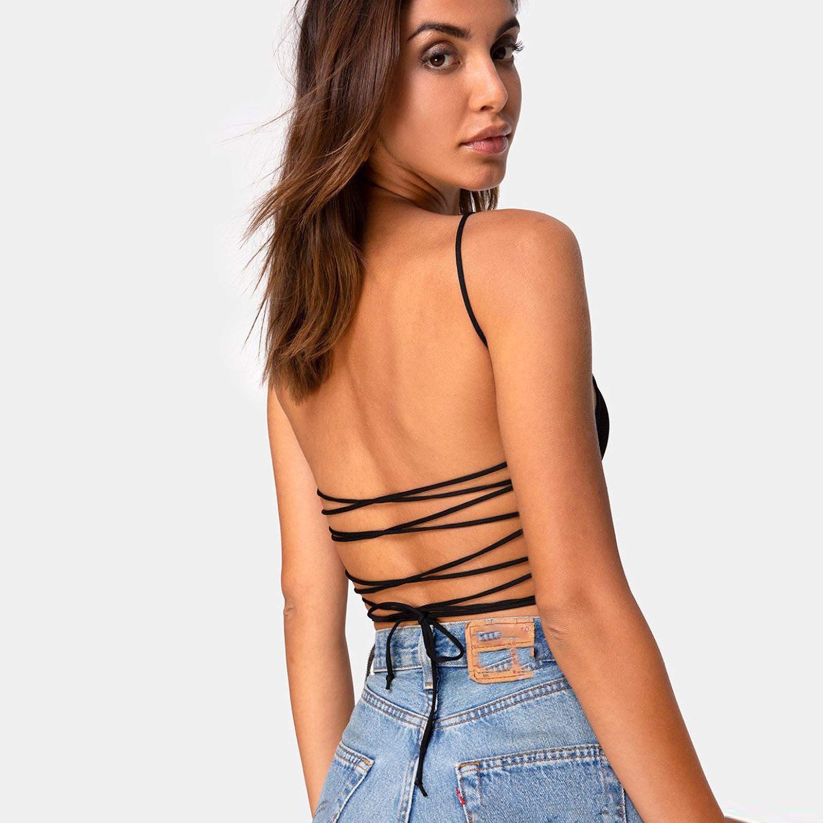 Women's Backless Sleeveless Crop Top - Sexy Black Vest T-Shirt & Bra Combo for Summer Outfits, Beachwear, and Nightlife
