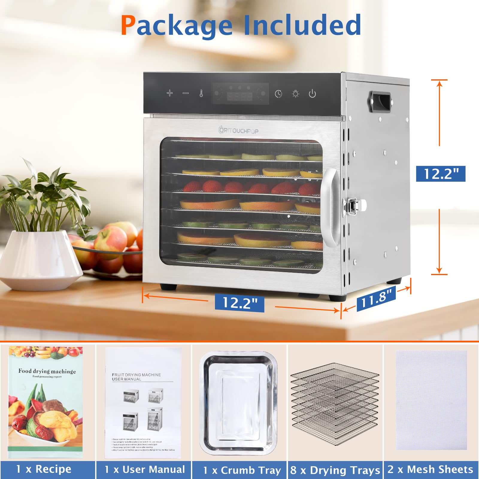 8-Tray Stainless Steel Food Dehydrator with Precise 194°F Temperature Control & Touch Timer - Perfect for Making Beef Jerky, Dried Fruits, Dog Treats, Herbs, Veggies & Healthy Snacks - Ideal for Home Kitchen, Camping & Meal Prep