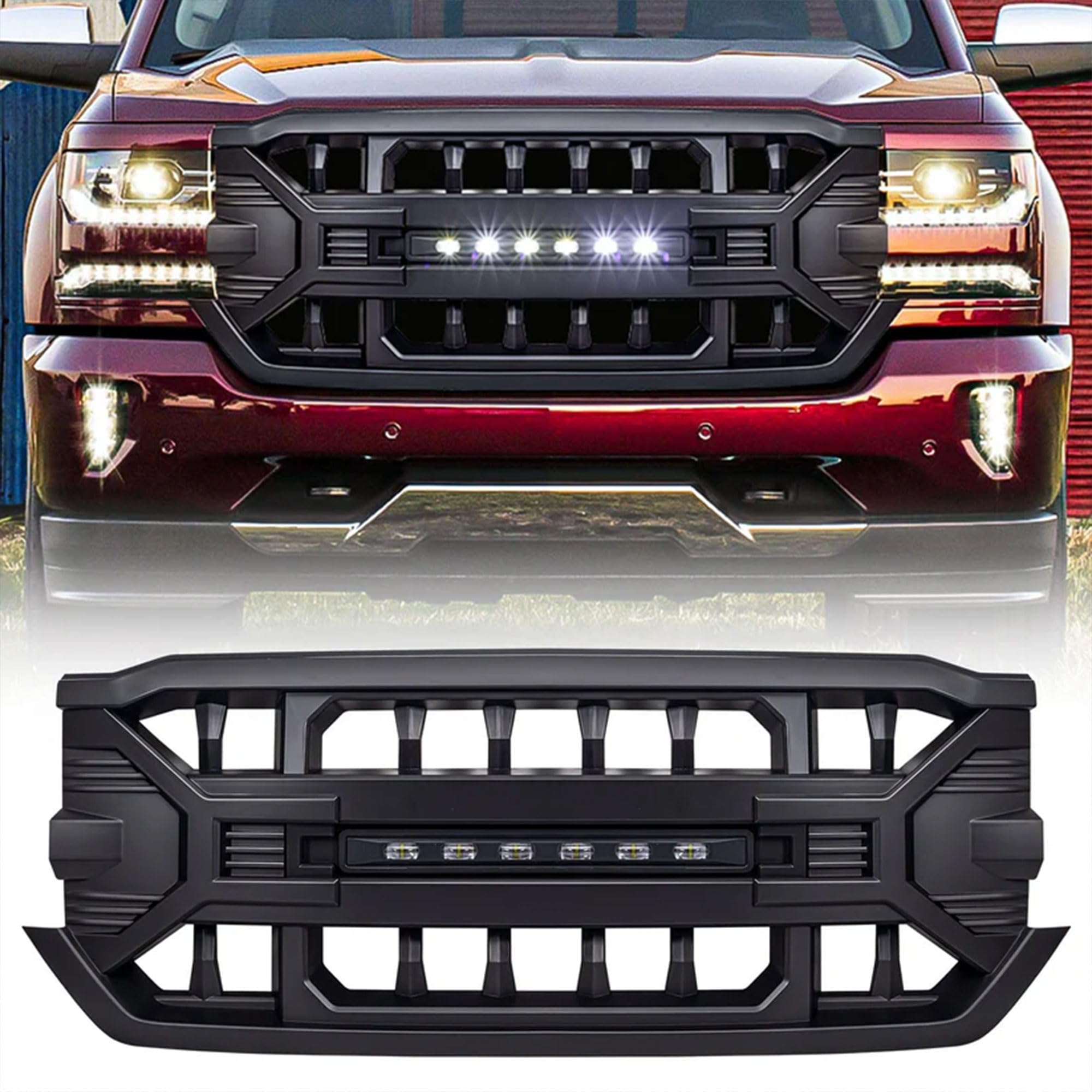 Heavy Duty AMERICAN MODIFIED Armor Grille with Off-Road LED Light Bar | Compatible with 2016-2019 Chevrolet Silverado 1500 | Matte Black Finish | Perfect for Off-Roading, Truck Customization & Night Driving