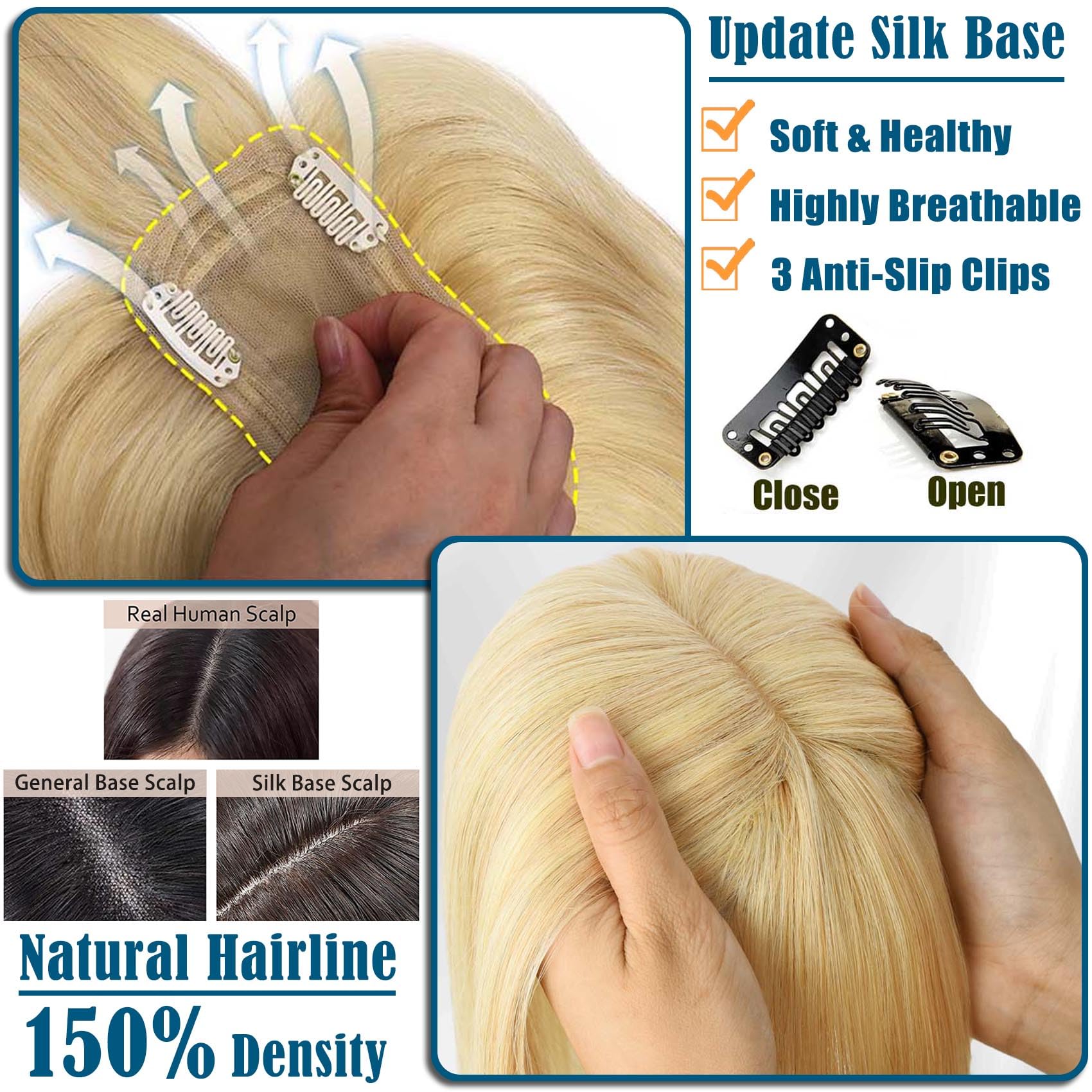 JGS1996 Women's Real Human Hair Toppers with Bangs - 100% Remy Human Hair Wig Clip-in for Thinning Hair & Hair Loss - 10 Inch #18/613 Blonde - Perfect for Daily Wear, Parties & Special Occasions