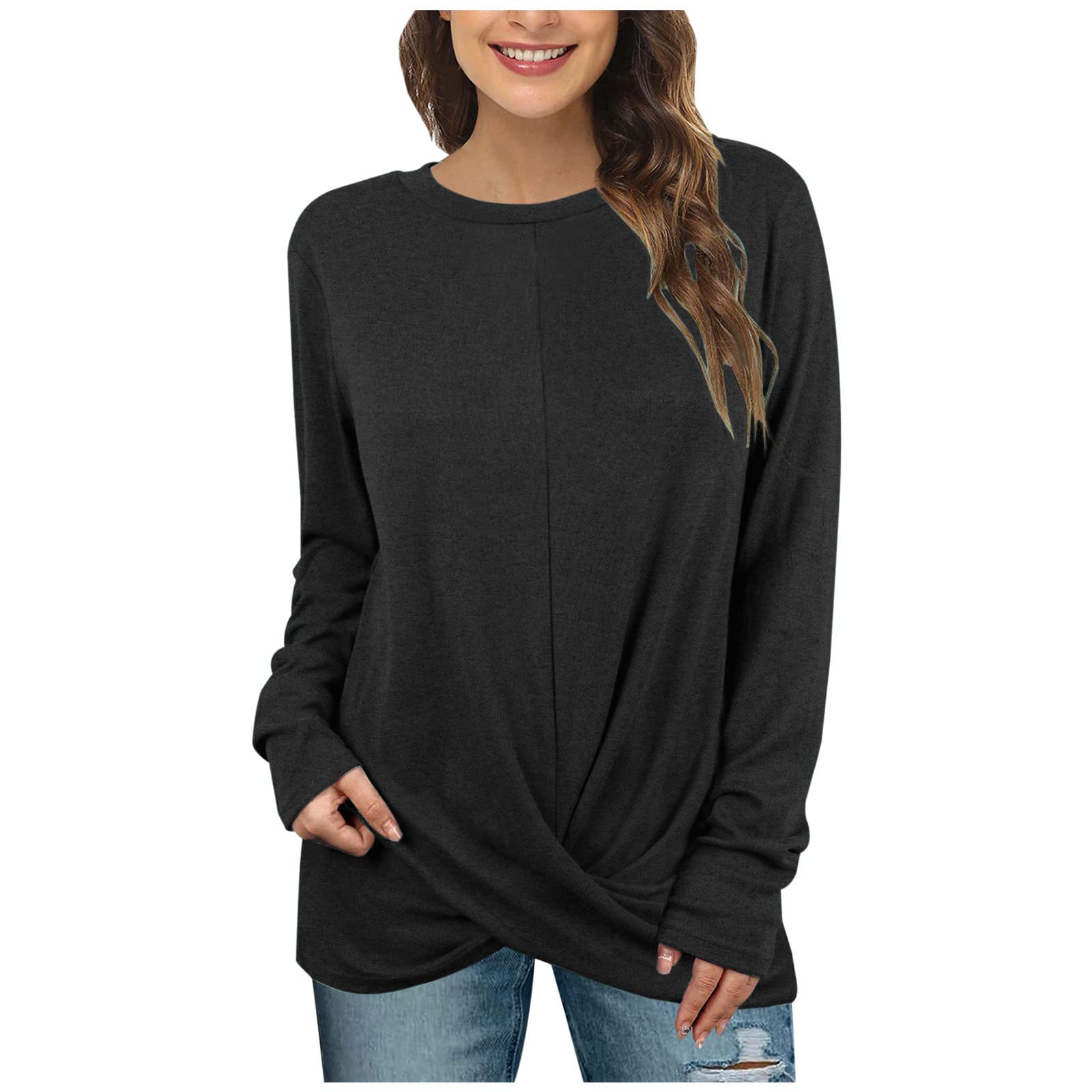 Augper Women's Fall T-Shirts 2022 - Plus Size Scoop Neck Casual Pullover Tee - Solid Crew-Neck Shirts for Everyday Wear & Layering