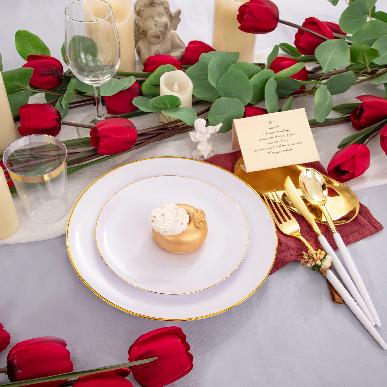 180-Piece White & Gold Disposable Plastic Plate Set - Heavy Duty Gold Plastic Dinnerware with White Handles for Parties, Birthdays, Weddings | Elegant Disposable Tableware for Catering, Events & Special Occasions