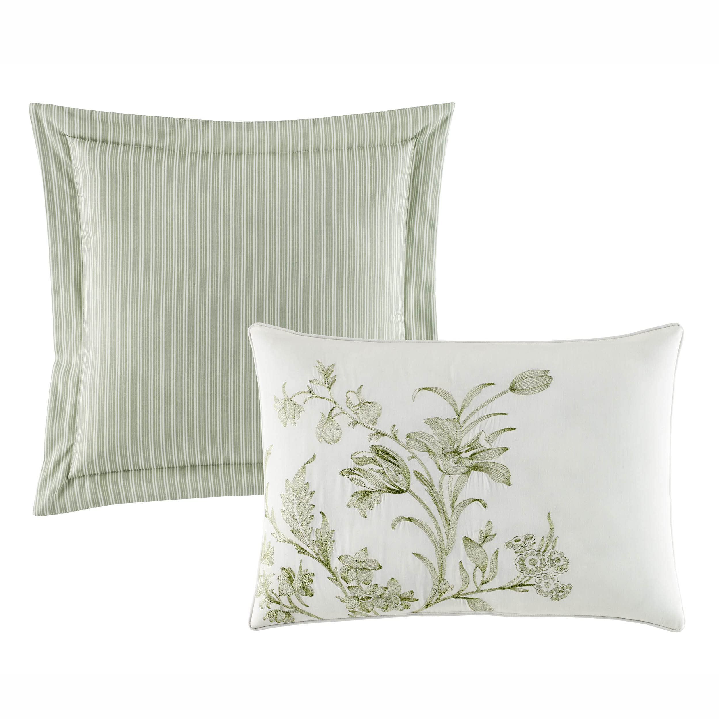 Laura Ashley Home - King Size Reversible Cotton Duvet Cover Set with Matching Shams, Euro Shams & Throw Pillows (Natalie Green) - Luxury Bedroom Decor for Master Suite & Guest Room