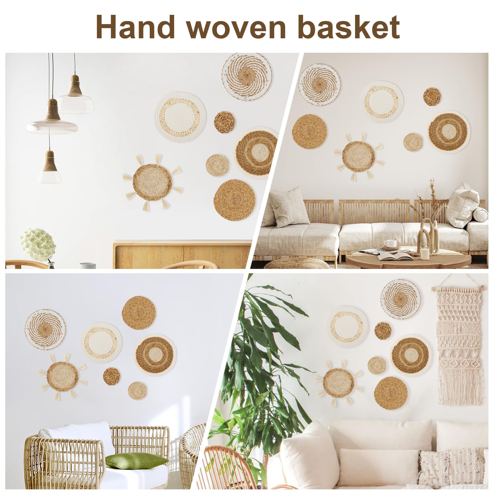 Boho Wall Basket Decor Set - 7 Pack Woven Seagrass Hanging Baskets for Home & Office Decor