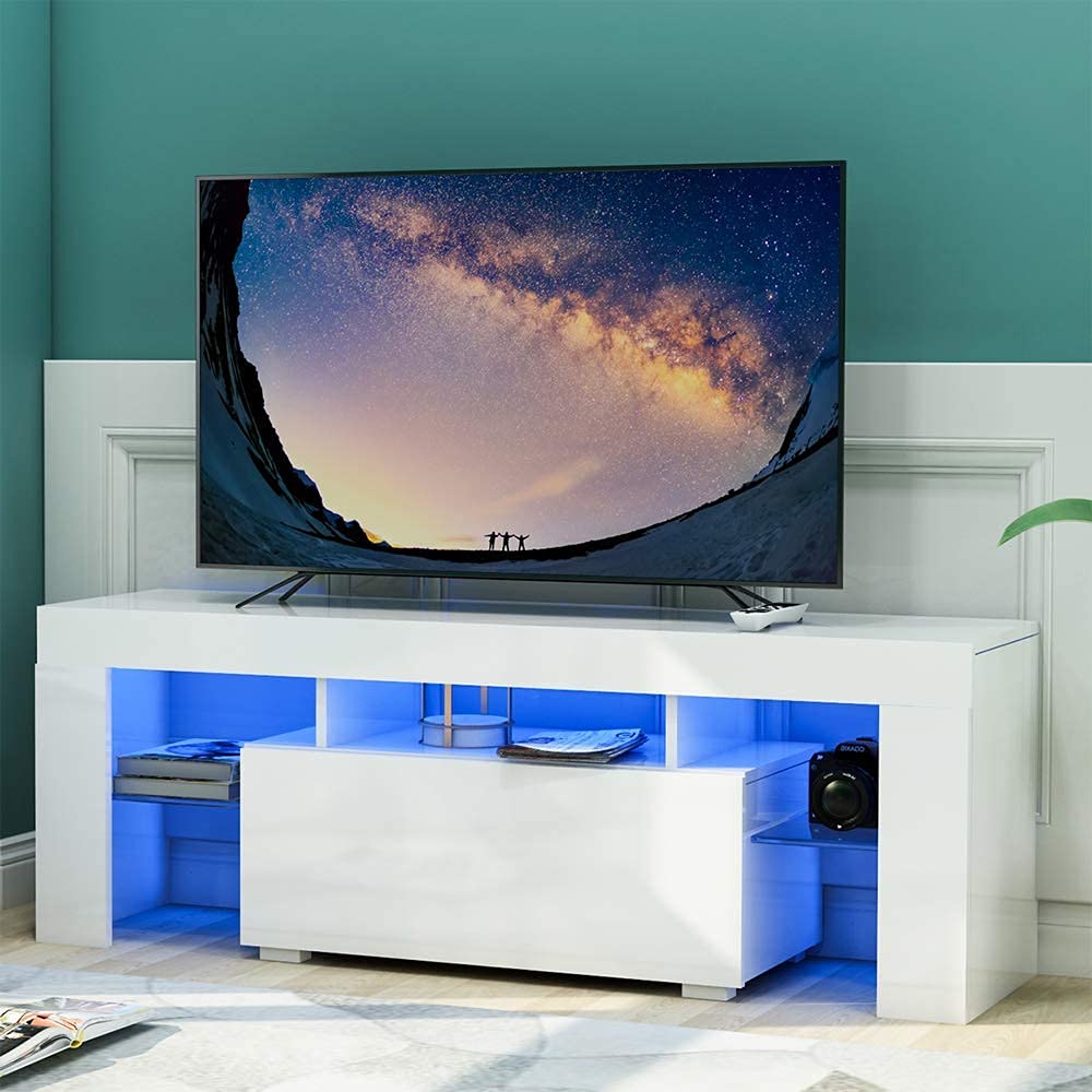 Modern TV Stand with LED Lights - Single Drawer Entertainment TV Cabinet for 52 Inch TVs - White TV Table Center Furniture for Living Room & Bedroom - Perfect for Movie Nights & Home Entertainment Setup