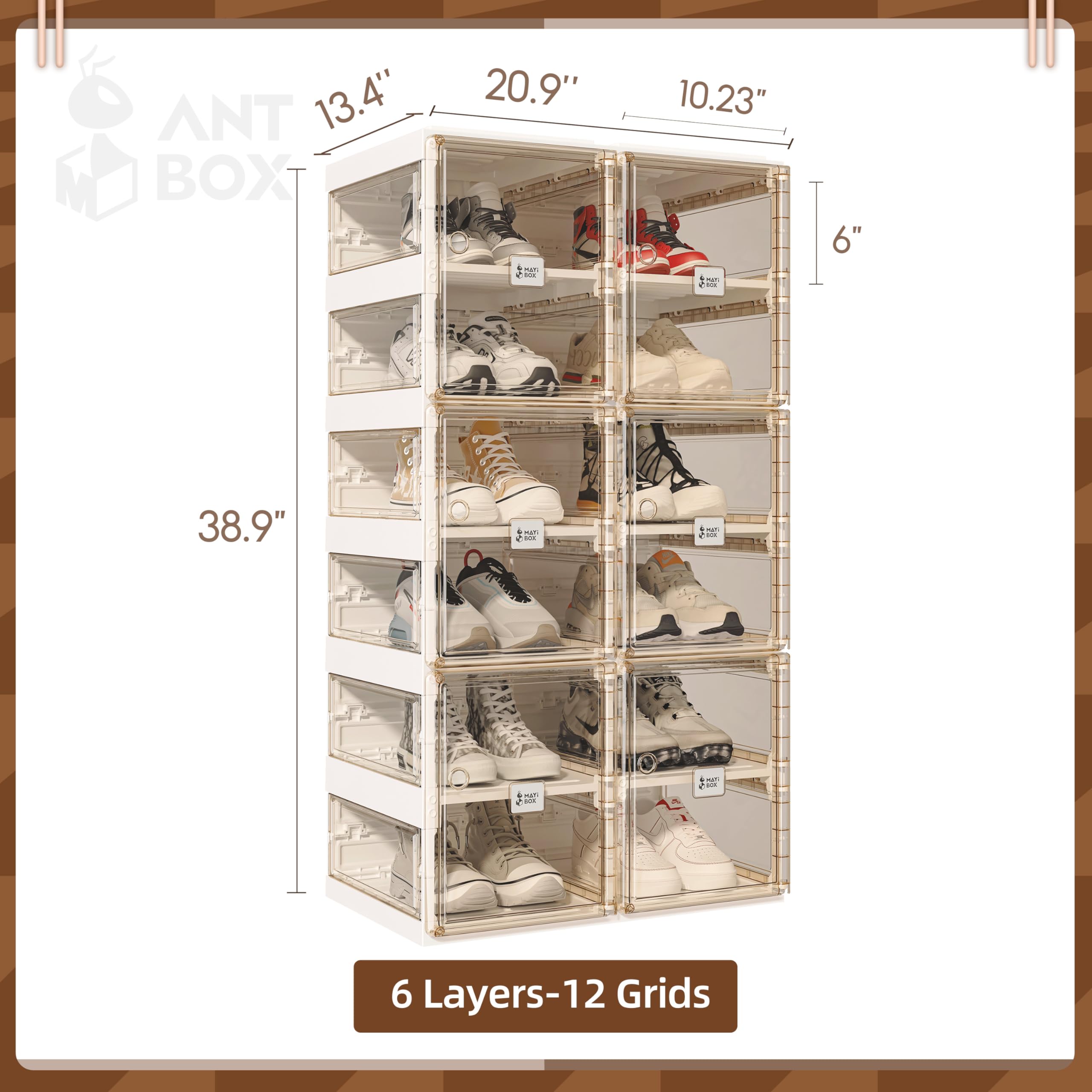 Foldable Shoe Rack Organizer - 6-Tier Stackable Plastic Shoe Storage Cabinet with Magnetic Clear Doors, Holds 12 Pairs - Perfect for Entryway, Closet, Living Room & Bedroom Organization - Space-Saving Solution for Sneakers, Boots & Heels