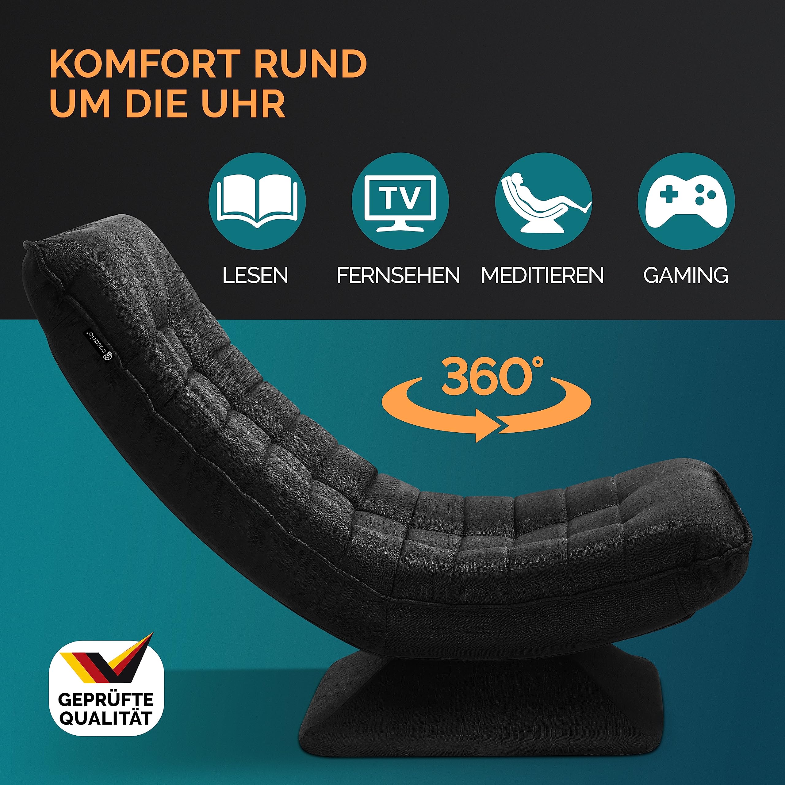 CASARIA® Adjustable Backrest 360° Swivel Floor Chair - Foldable, Black Upholstered, Supports up to 150kg (60x105x87cm) - Perfect for Living Room, Bedroom, Gaming & Meditation