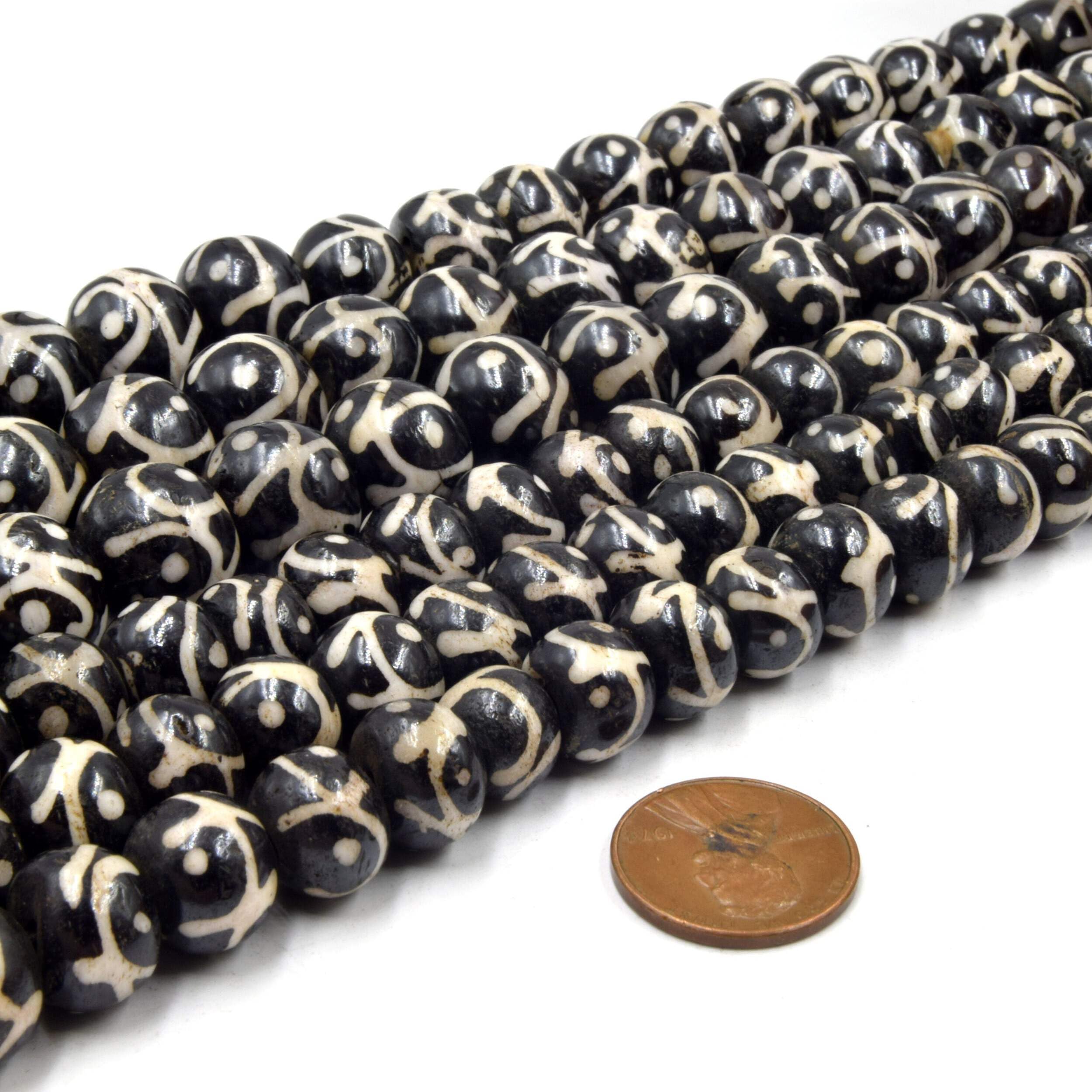 Batik Ox Bone Rondelle Beads 14mm - Black Brown Tribal Swirl with Dot Painted Bone Beads for Jewelry Making, DIY Crafts, and Bohemian Accessories - Perfect for Necklaces, Bracelets, and Earrings