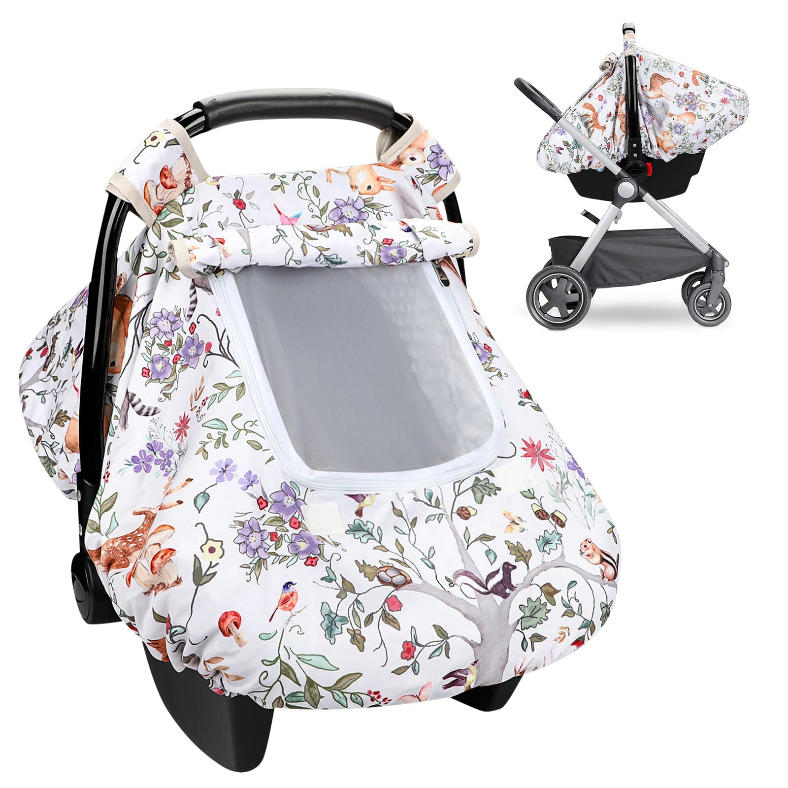 **Minky Windproof & Breathable Baby Car Seat Cover with Peep Window - Soft Infant Car Seat Protector for Boys & Girls, Woodland Animals Design - Shield Baby from Wind & Sun for Strolls, Travel & Outdoor Adventures**