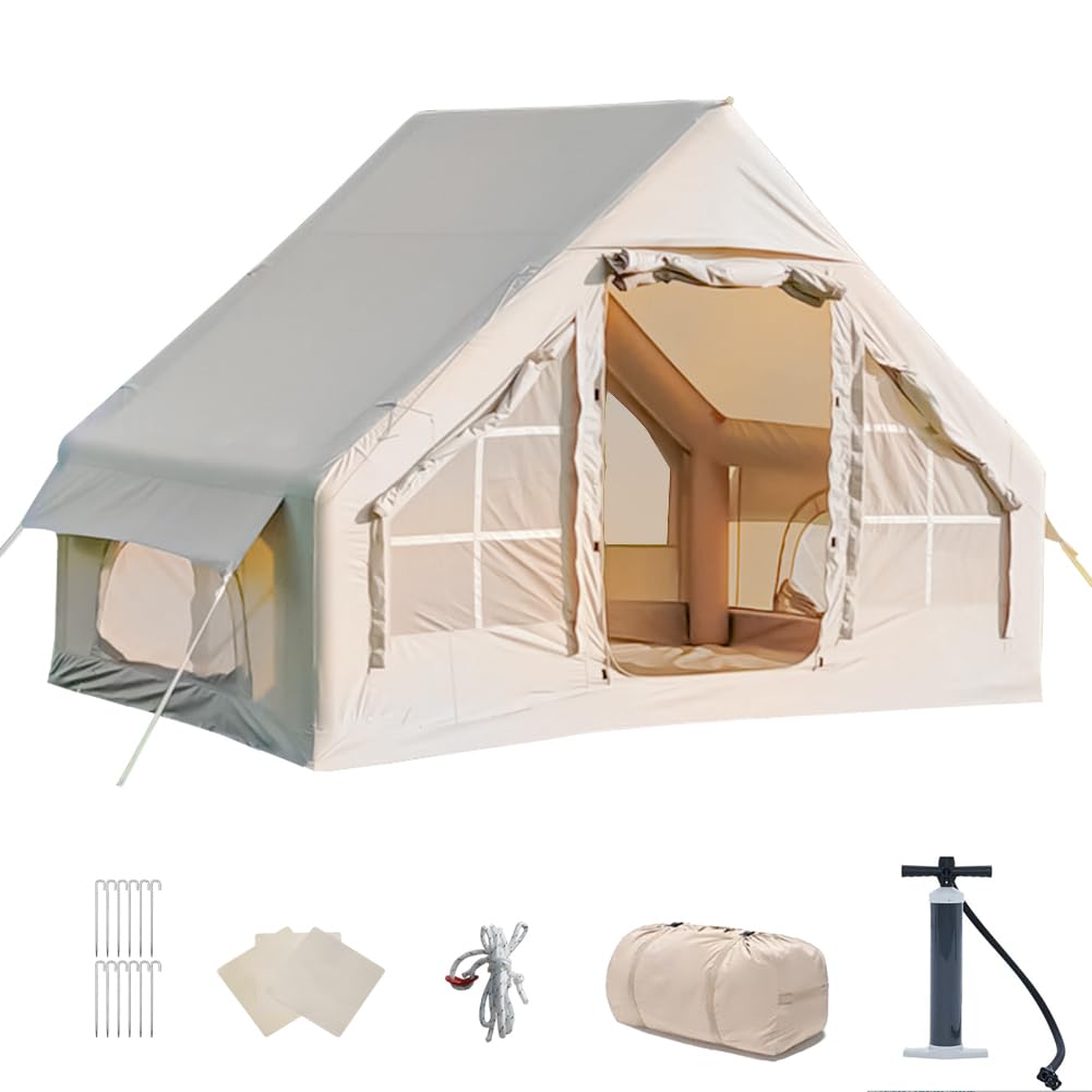 Inflatable Camping Tent for 2-6 Person - 4 Season Waterproof Windproof Cabin Tent with Hand Pump, Mesh Windows & Doors - Easy Setup Portable Blow Up Tent for Outdoor Adventures, Family Trips & Backpacking