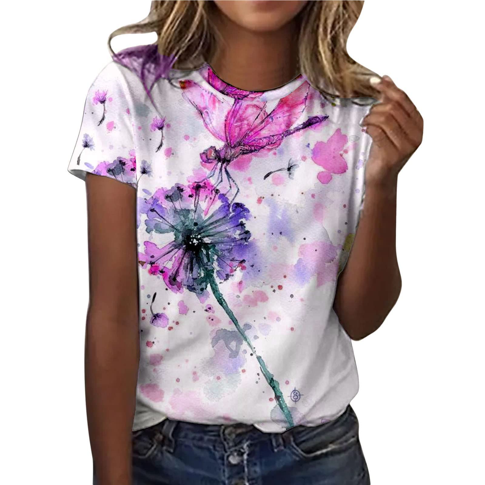 Women's Floral Print Short Sleeve T-Shirt - Cute Summer Casual Crewneck Blouse - Tie Dye Fashion Top for Women - Perfect for Beach Outings, Picnics & Everyday Wear