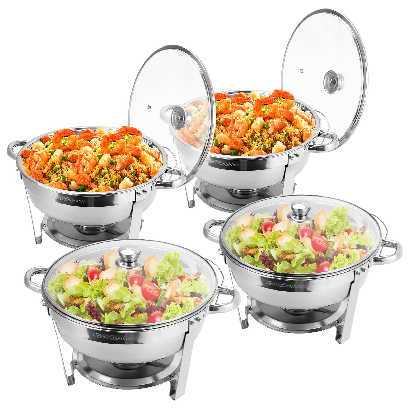 Stainless Steel 5 QT Round Chafing Dish Buffet Set - 4 Pack with Glass Lid & Holder | Food Warmer for Catering, Weddings, Parties & Buffet Events | Keep Food Hot for Home, Restaurant & Outdoor Gatherings