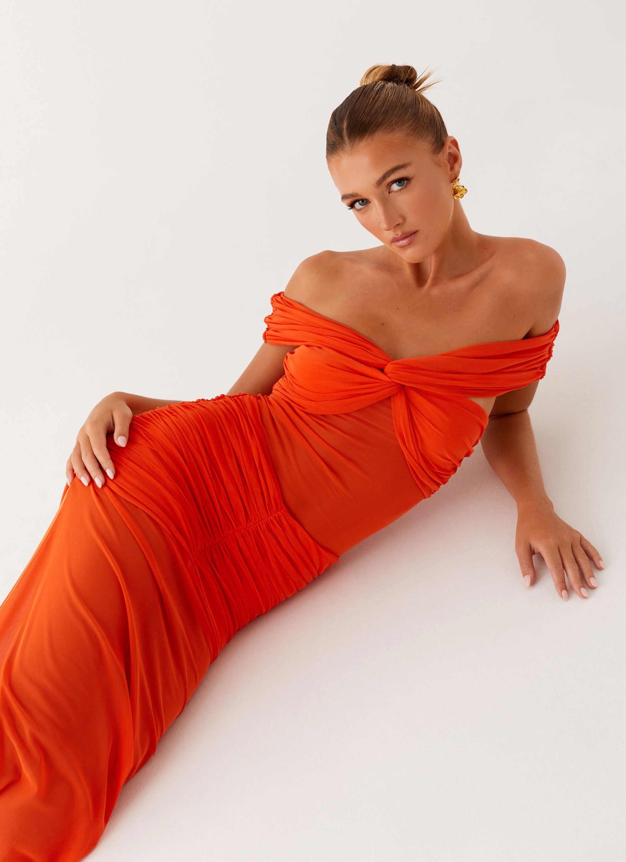 Elegant Off Shoulder Maxi Dress in Orange - Flowy Summer Beach Dress for Women, Perfect for Vacations, Weddings & Outdoor Parties