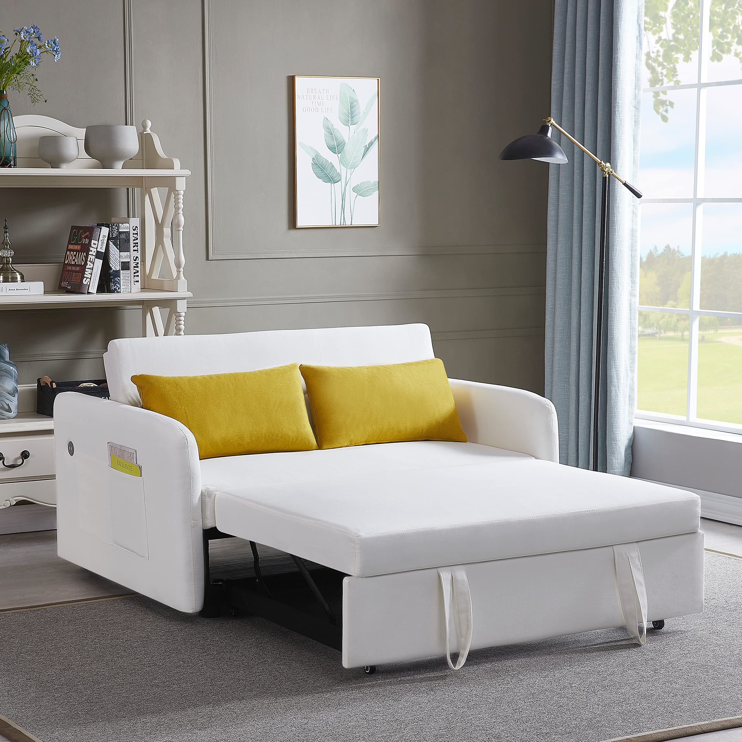 KLMM Modern Convertible Sofa Bed - Multi-Functional Adjustable Lounge Chaise with USB Port & Storage Pocket, Pull Out Sleeper Sofa with 2 Pillows for Living Room, Office, Guest Room & Small Spaces (Beige) - Perfect for Apartments, Dorms and Home Theater Seating