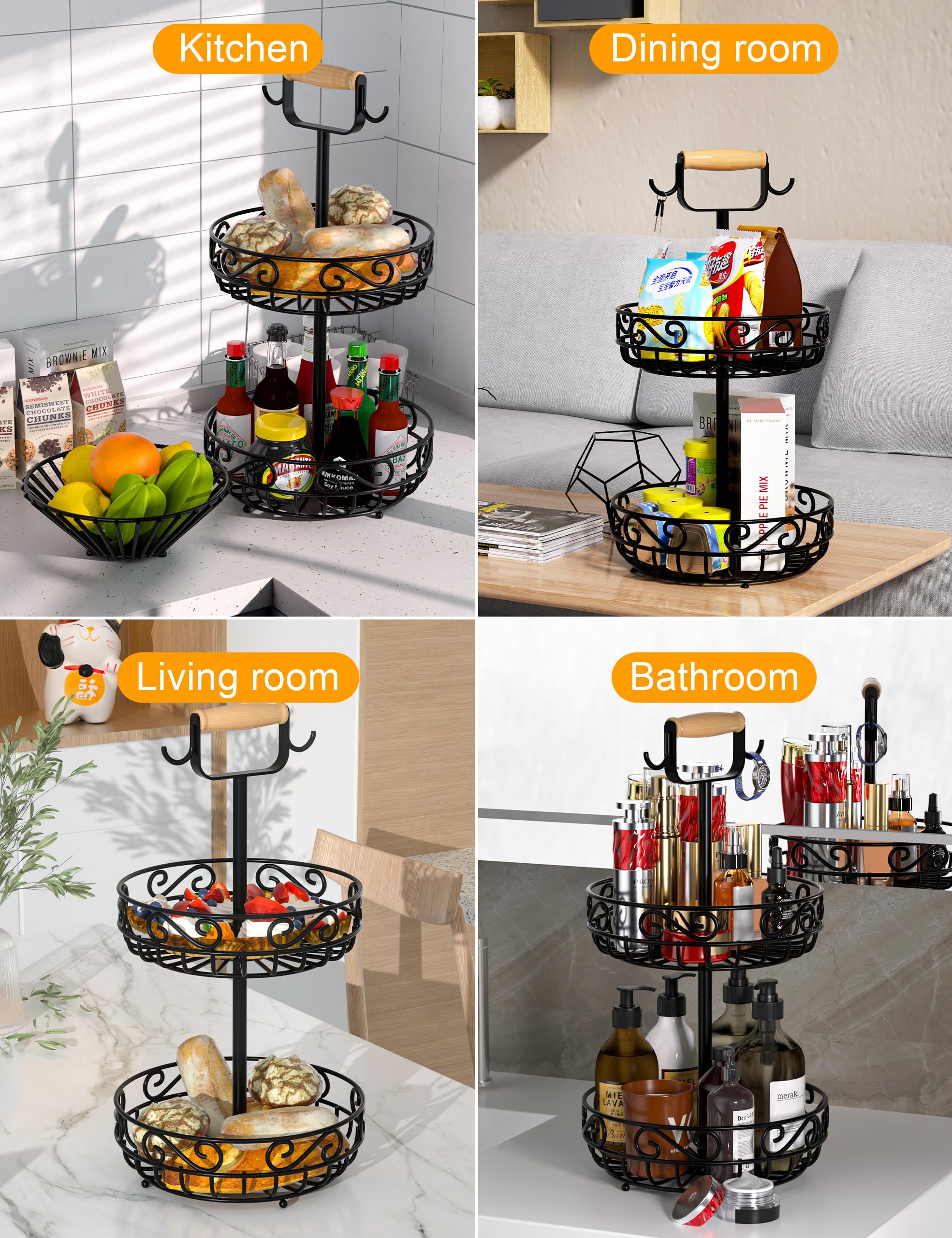 2-Tier Bamboo Fruit and Vegetable Basket with Banana Hanger & Wood Handle - Kitchen Counter Storage for Bread, Onions, Potatoes, Produce - Perfect for Organizing Fruits, Veggies in Pantry or Dining Room