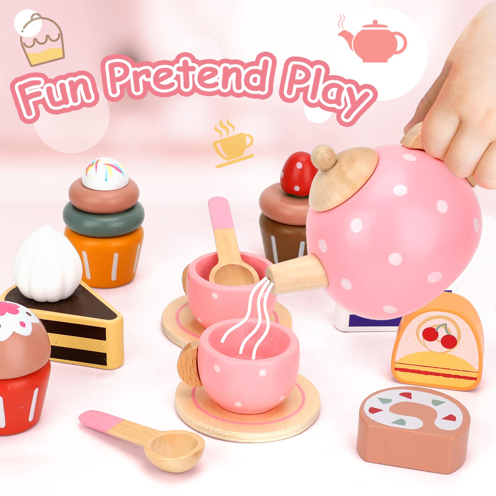 Wooden Tea Party Set for Girls - Pretend Play Kitchen Toy with Tea Cups & Treats, Perfect Birthday Gift for Toddlers & Kids Ages 3-7 - Ideal for Imaginative Play, Tea Time Fun & Social Skills Development
