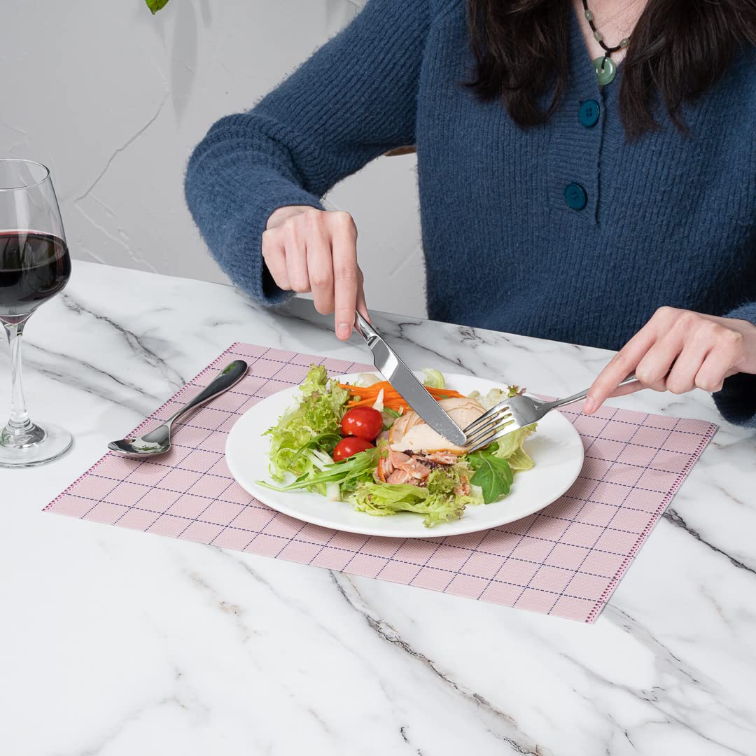 Premium 16x12 Inch Woven Vinyl Placemats Set of 6 - Stain-Resistant, Easy Clean Rectangle Table Mats for Dining Room, Kitchen & Restaurant Use - Pink Home Decor