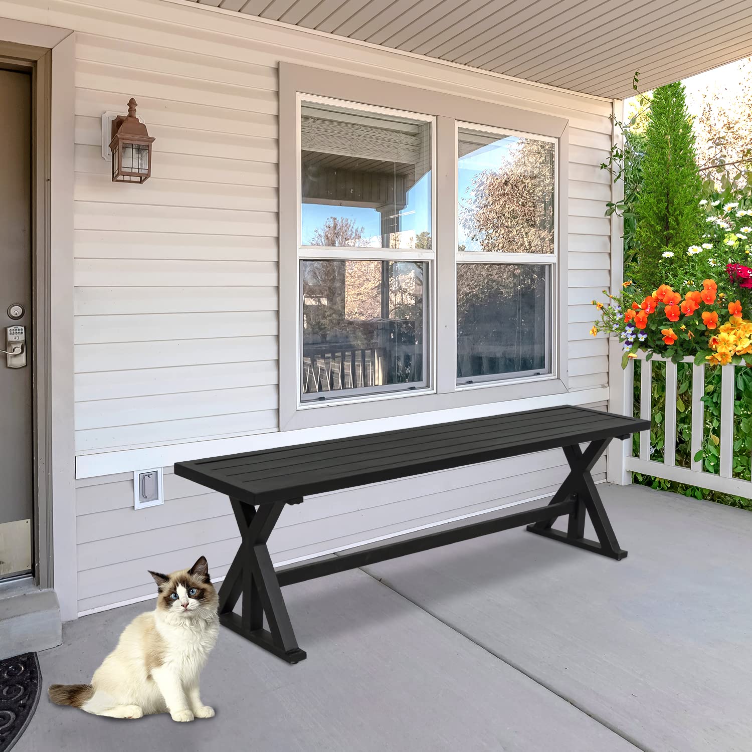 MEOOEM Black Outdoor Patio Bench - Heavy Duty Industrial Garden Bench for Park, Lawn, Lounge & Picnic - Weather Resistant Steel Furniture (61.2