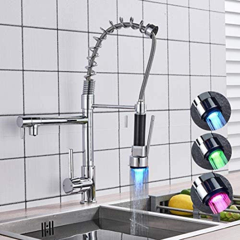 Gougeltd Chrome LED Kitchen Faucet - 360° Rotatable Brass Sink Faucet with Temperature Indicator for Hot & Cold Water - Perfect for Modern Kitchens and Bar Sinks