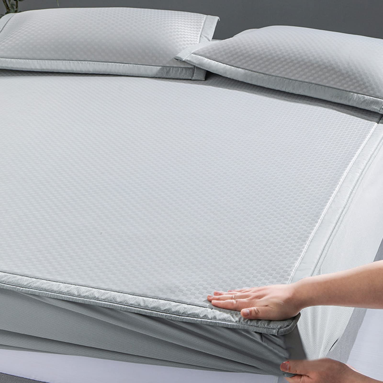 Cooling Latex Mattress Topper for Summer - Foldable Ice Silk Emulsion Cover with 3-Piece Cooling Bed Sheet Set (Grey, 1.8x2m/6ft) - Perfect for Hot Sleepers & Bedroom Comfort