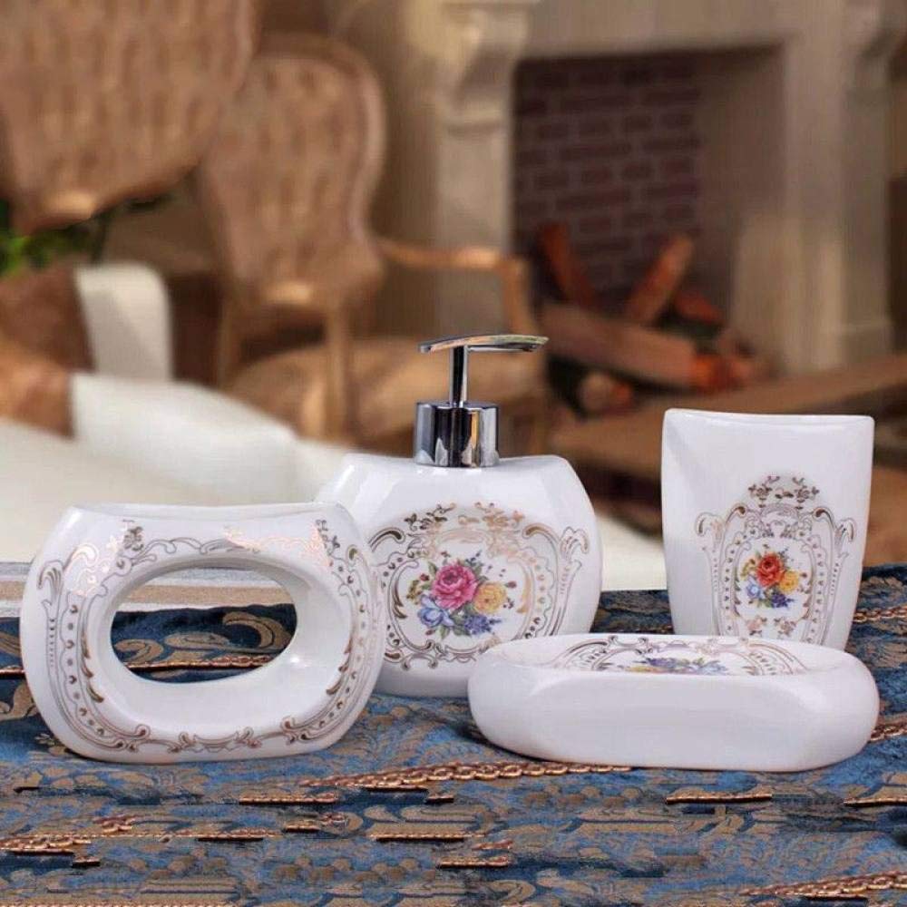 Vintage Ceramic Bathroom Accessories Set - 4 Piece Pink Floral Soap Dispenser, Toothbrush Holder, Soap Dish & Tumbler for Home, Hotel Vanity Countertop Decor | Perfect for Bathroom Organization & Stylish Decor