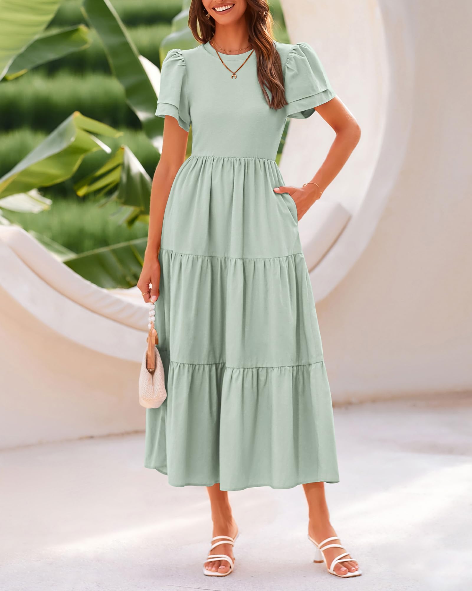 BTFBM Women's Casual Summer Maxi Dress 2025 - Boho Flowy Tiered Beach Dress with Pockets, Crewneck Short Sleeve for Spring & Summer Vacations | Perfect for Beach Outings, Music Festivals & Casual Daywear