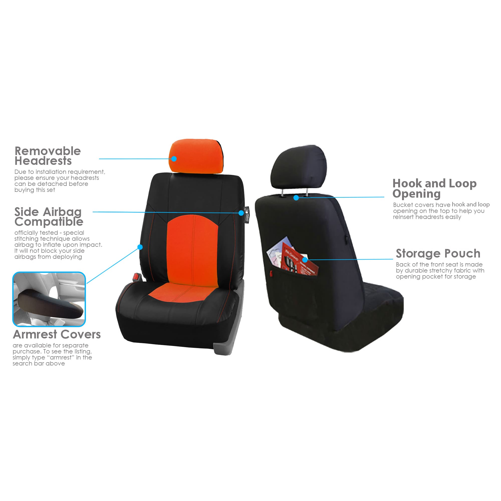 Premium FH Group Faux Leather Car Seat Covers - Universal Fit for Cars, Trucks & SUVs | Airbag Compatible, Front Seats Only (Orange) | Durable Automotive Interior Accessories for Comfort & Style | Perfect for Daily Commute, Road Trips & Vehicle Protection