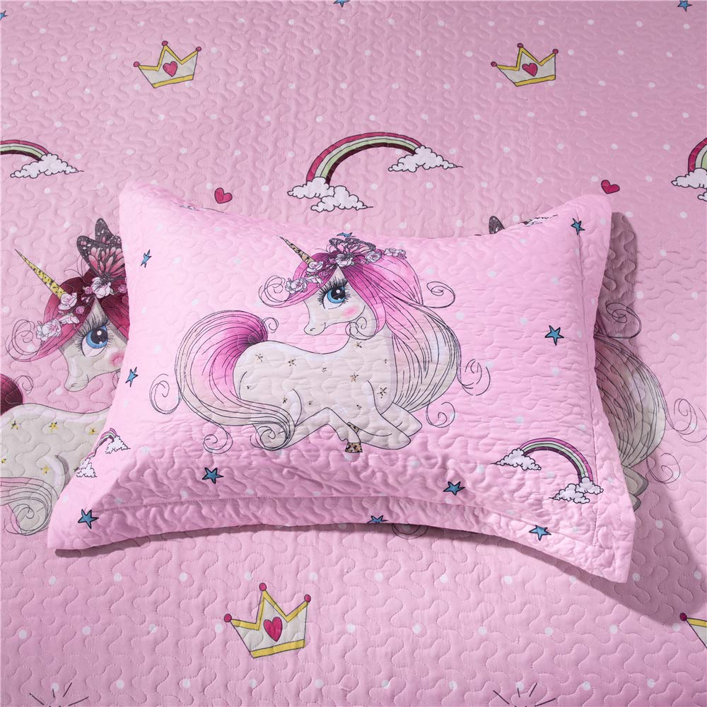 **Pink Unicorn Reversible Quilt Set for Twin Bed – Lightweight Girls' Quilt Coverlet with Pillow Shams | Soft Bedspread for Kids' Room, Sleepovers & Cozy Bedtime**