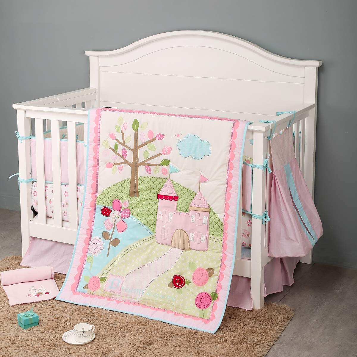 9-Piece Pink Floral Garden Castle Nursery Crib Bedding Set for Baby Girls - Princess Theme Crib Set with Flower & Castle Design - Perfect for Nursery Decor, Baby Showers & Newborn Gifts