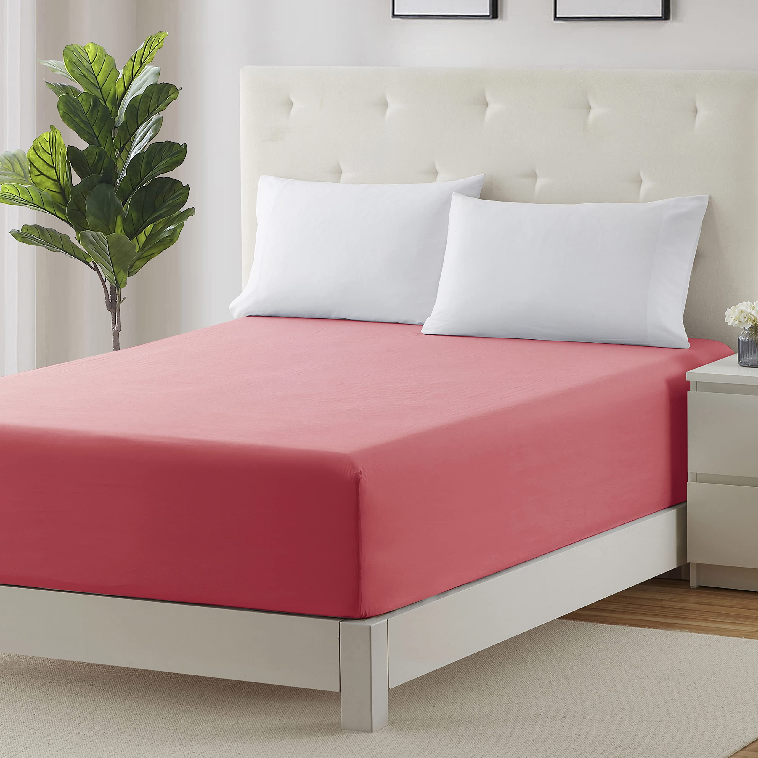 Clara Clark Deep Pocket Queen Fitted Sheet - Super Soft 21 Inch Mattress Cover, Fade & Stain Resistant - Coral Pink Queen Size Bed Sheet for Cozy Sleep & Guest Room Comfort