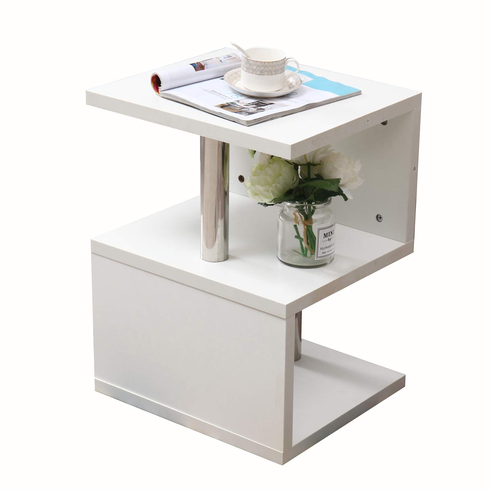 Modern S-Shaped 3-Tier LED Coffee Table with Remote Control - 17.3 x 15 x 22.6 Inch White End Table with Storage Shelf for Living Room, Bedroom & Study - Perfect for Small Spaces, Nightstand Use & Contemporary Home Decor
