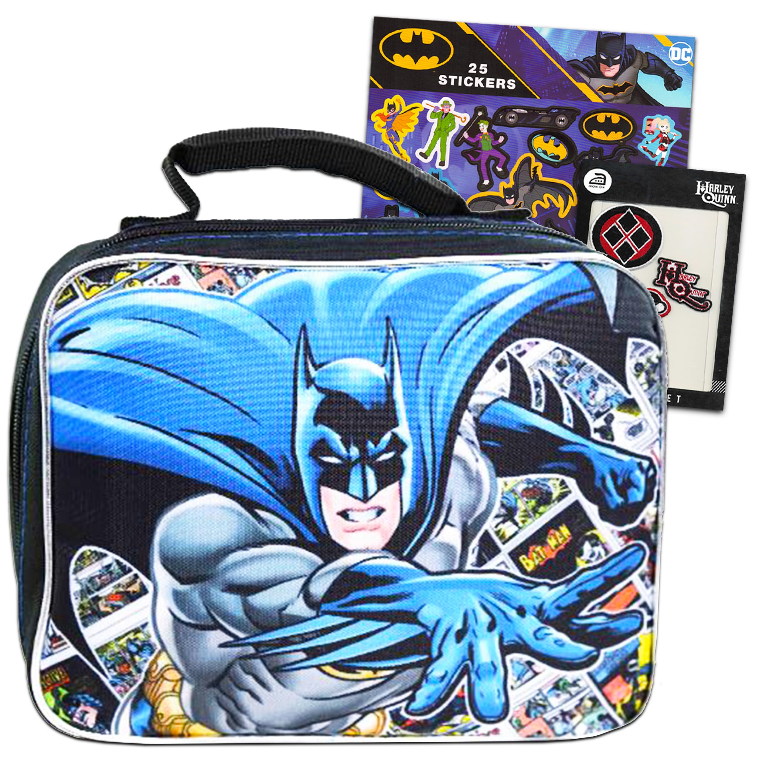 **Batman Insulated Lunch Box & Travel Activity Set for Kids - Justice League Stickers & Patches Included - Perfect for School, Picnics & Superhero Adventures**