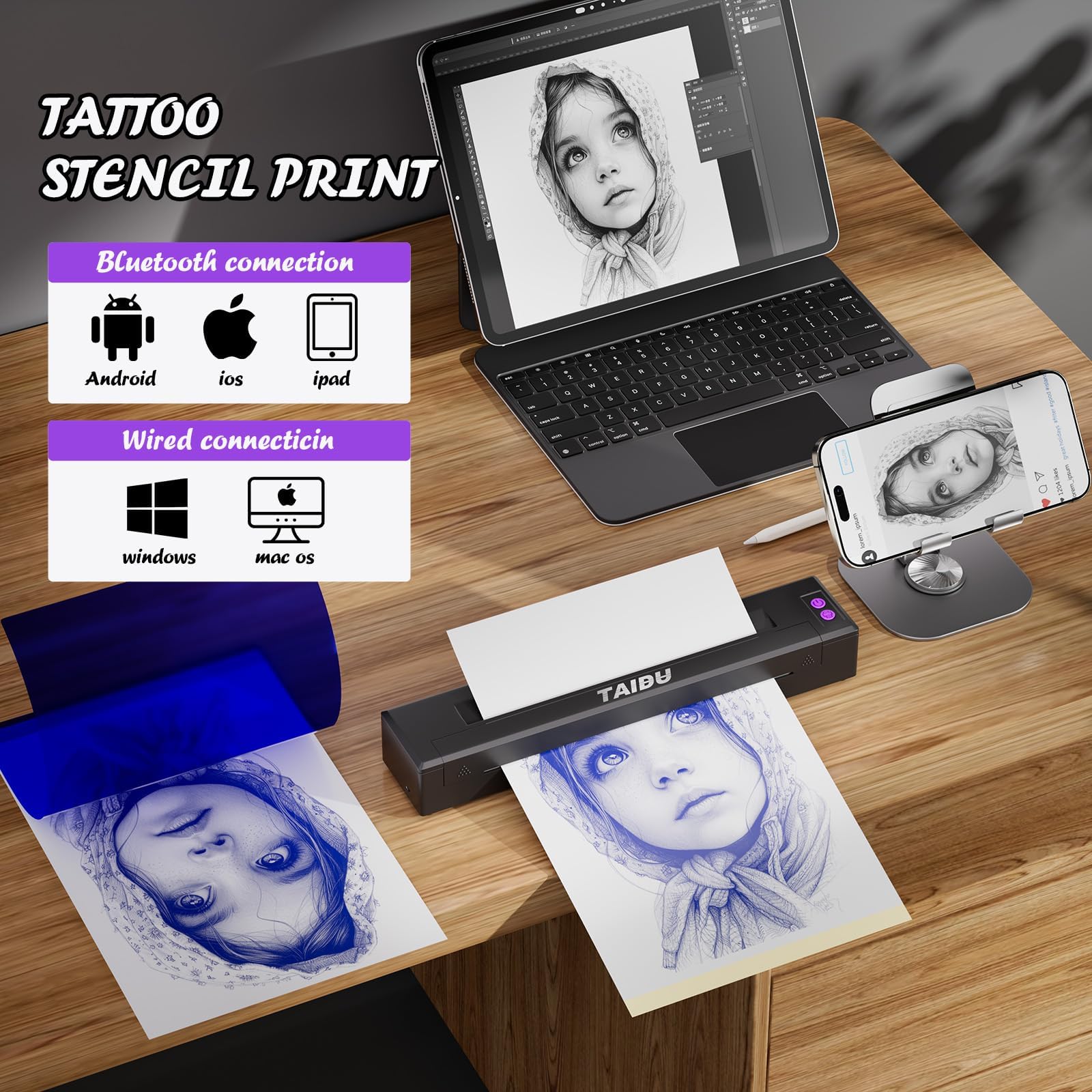 P19 Upgate Wireless Tattoo Thermal Printer Kit with 20 Sheets Tattoo Transfer Paper - Compatible with iPhone & Android Phones for Professional Tattoo Artists & Beginners - Perfect for Tattoo Studio, Home Practice & Temporary Tattoo Designs