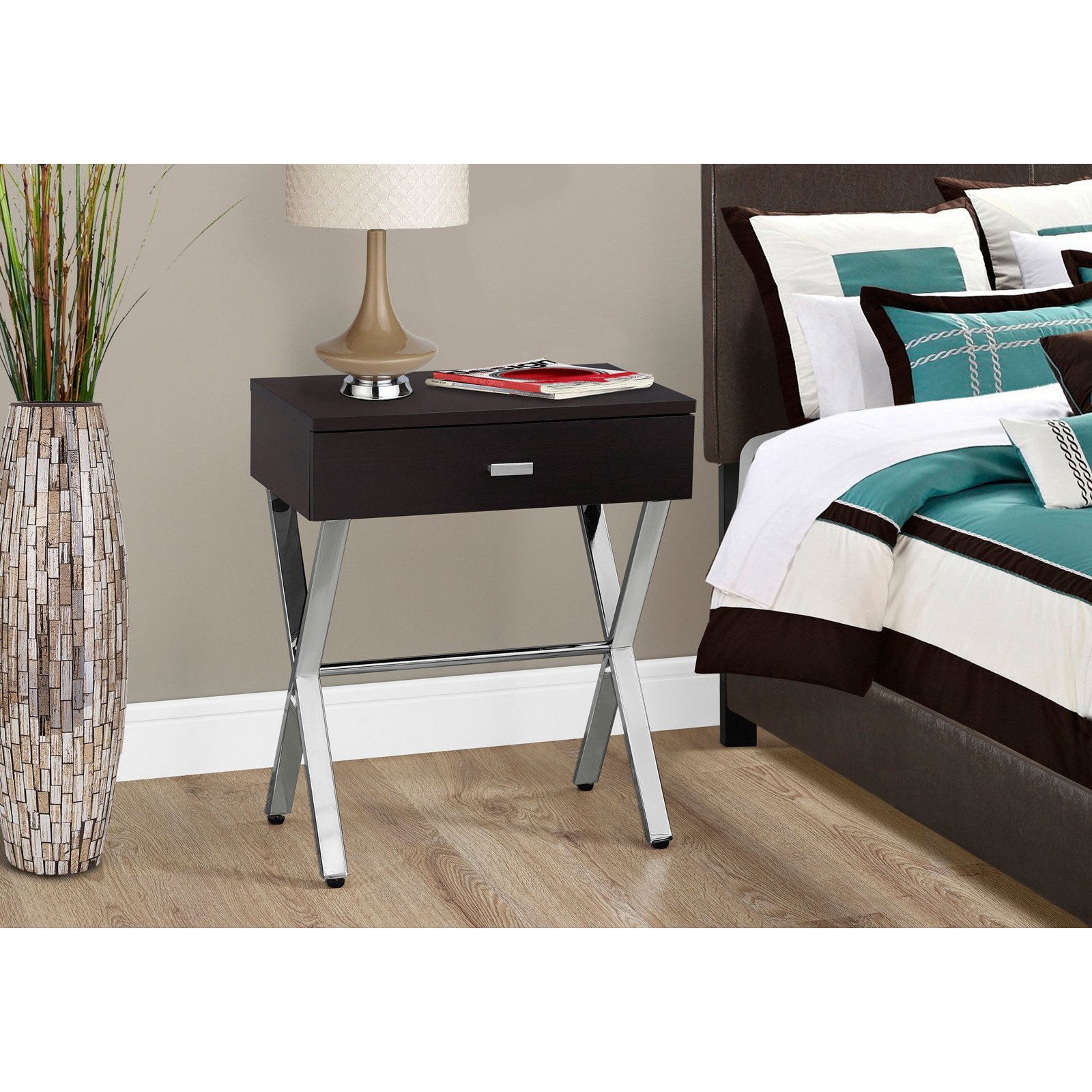 Monarch Specialties Chrome Metal Nightstand Accent Table - 22 x 12 x 18 Inches Glossy White End Table for Bedroom, Living Room & Office