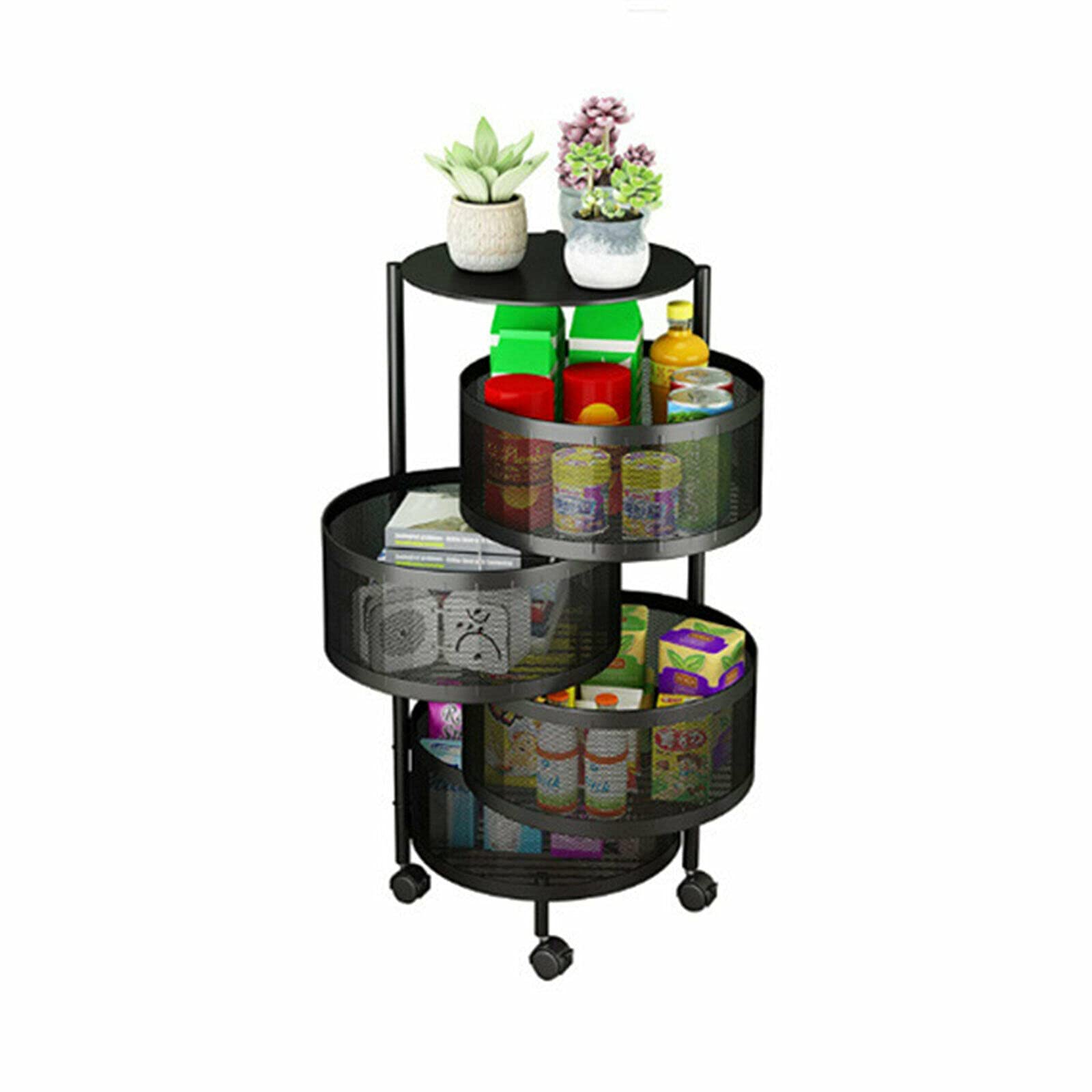 4-Tier Rotating Kitchen Storage Rack with Wheels - Spinning Shelf Organizer for Fruits, Vegetables & Pantry Items - Space Saving Utility Cart for Kitchen, Bathroom, Laundry Room (Black) | Perfect for Small Spaces & Clutter-Free Organization