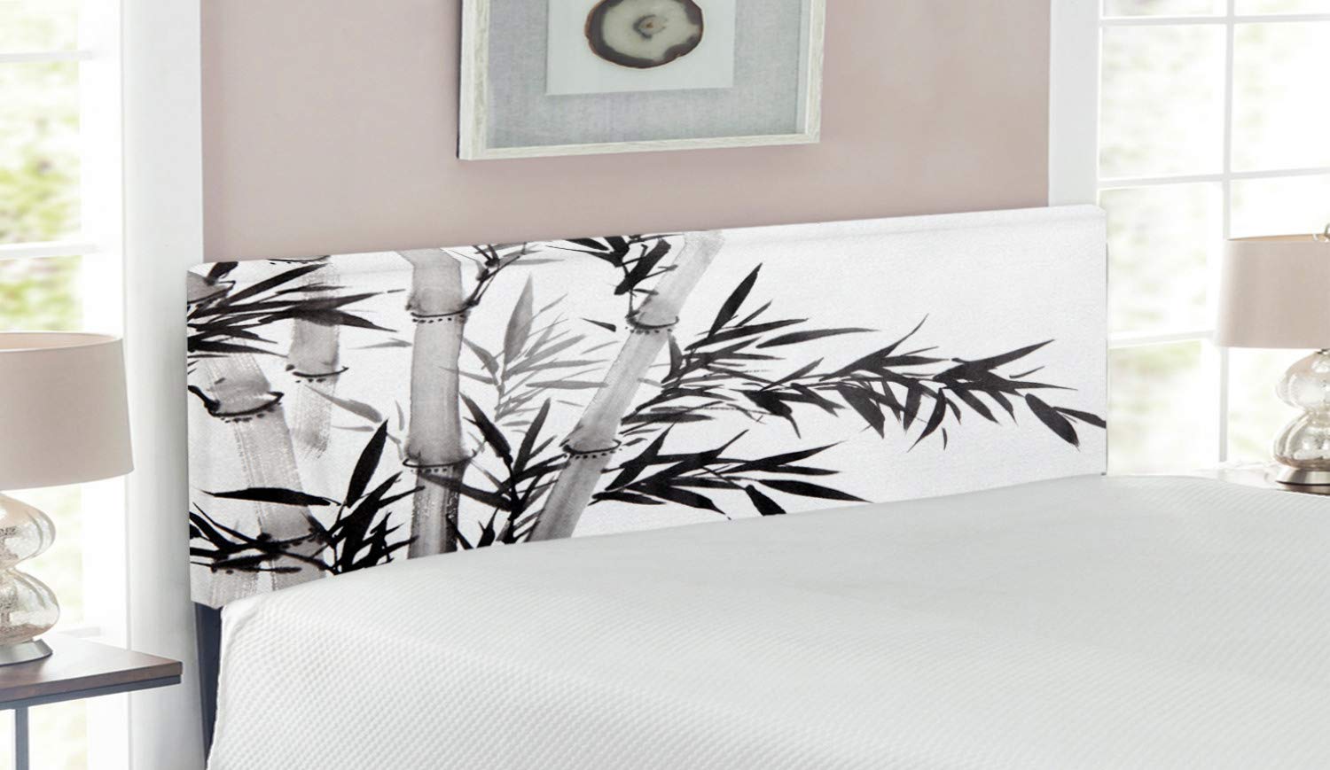 Ambesonne Queen Size Upholstered Headboard - Bamboo Print with Traditional Chinese Calligraphy Design, Memory Foam Padding, Charcoal Grey & White | Perfect for Asian-Themed Bedrooms, Zen Decor & Cultural Home Accents