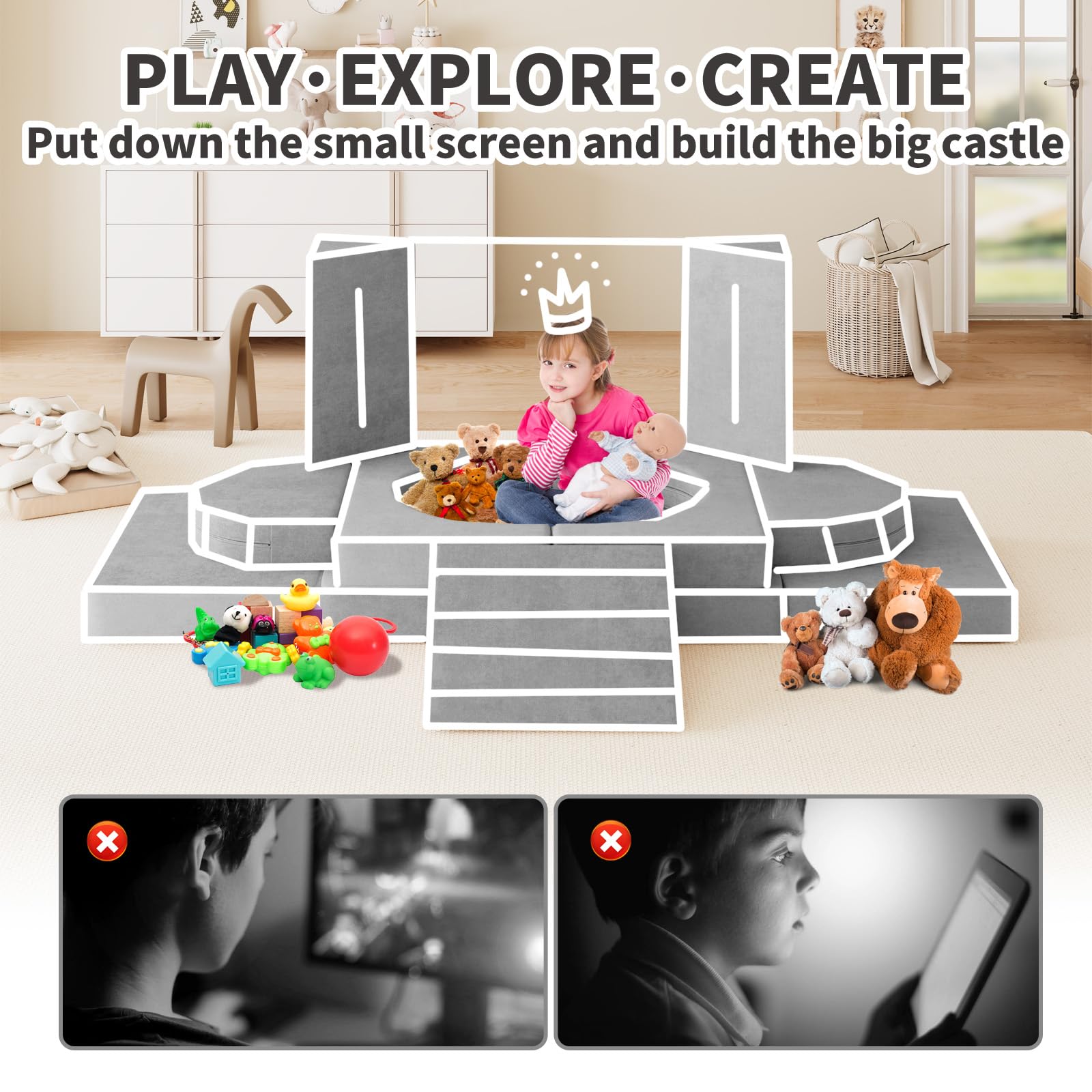 10PCS Modular Kids Play Couch - 10-in-1 Toddler Sofa with Climbing Slope for Boys & Girls | Creative Play, Climbing, Napping & Indoor Activities | Durable Gray Children's Furniture for Playroom, Bedroom & Daycare