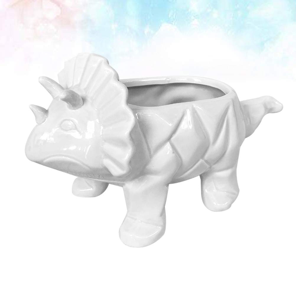 DOITOOL Ceramic Triceratops Succulent Planter - White Dinosaur Flower Pot for Small Plants, Cactus, Air Plants - Perfect for Home, Office Desk Decor & Gift Idea