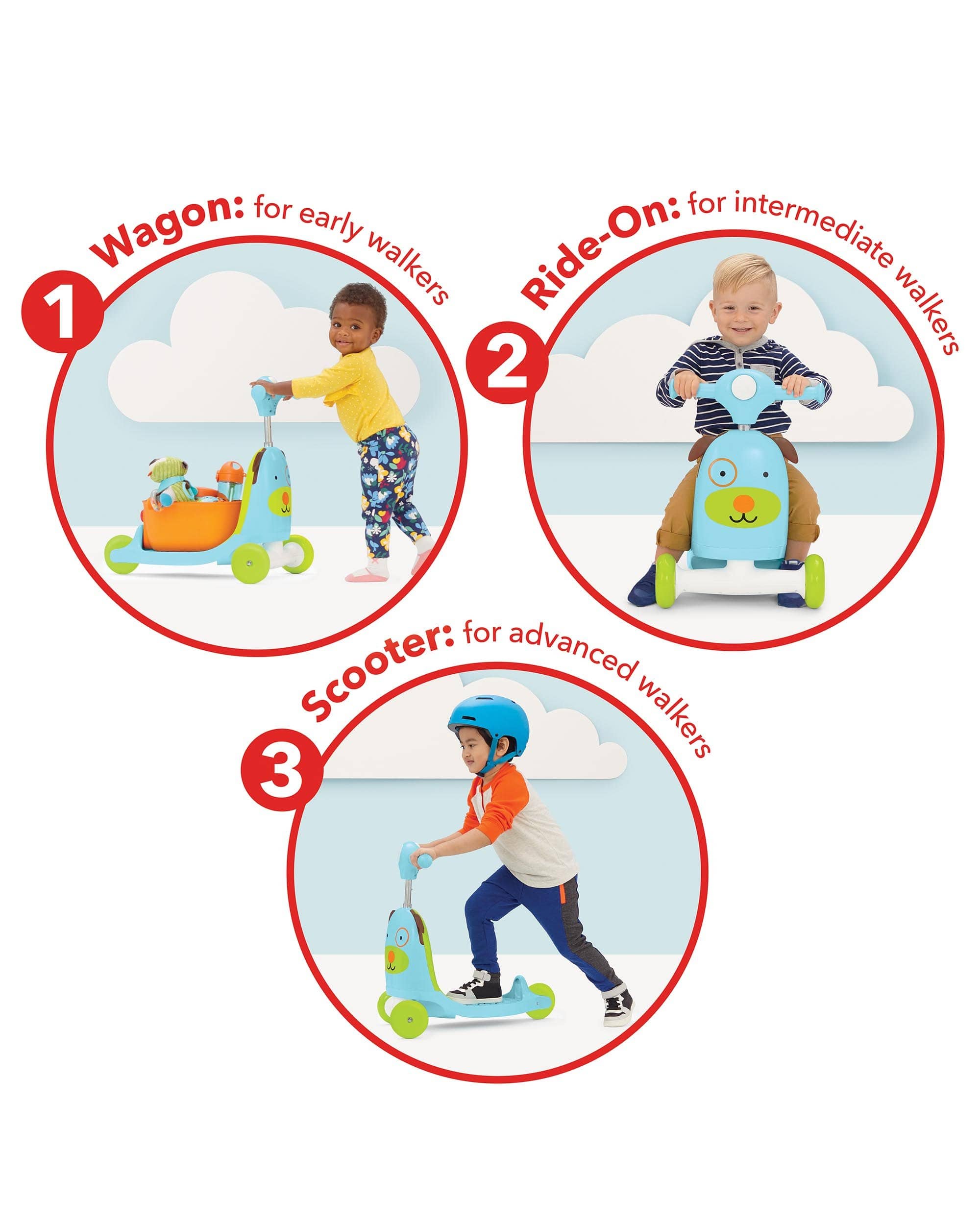 Skip Hop Zoo 3-in-1 Ride-On Baby Walker, Toddler Scooter & Push Toy - Fun Learning Activity for Indoor & Outdoor Play