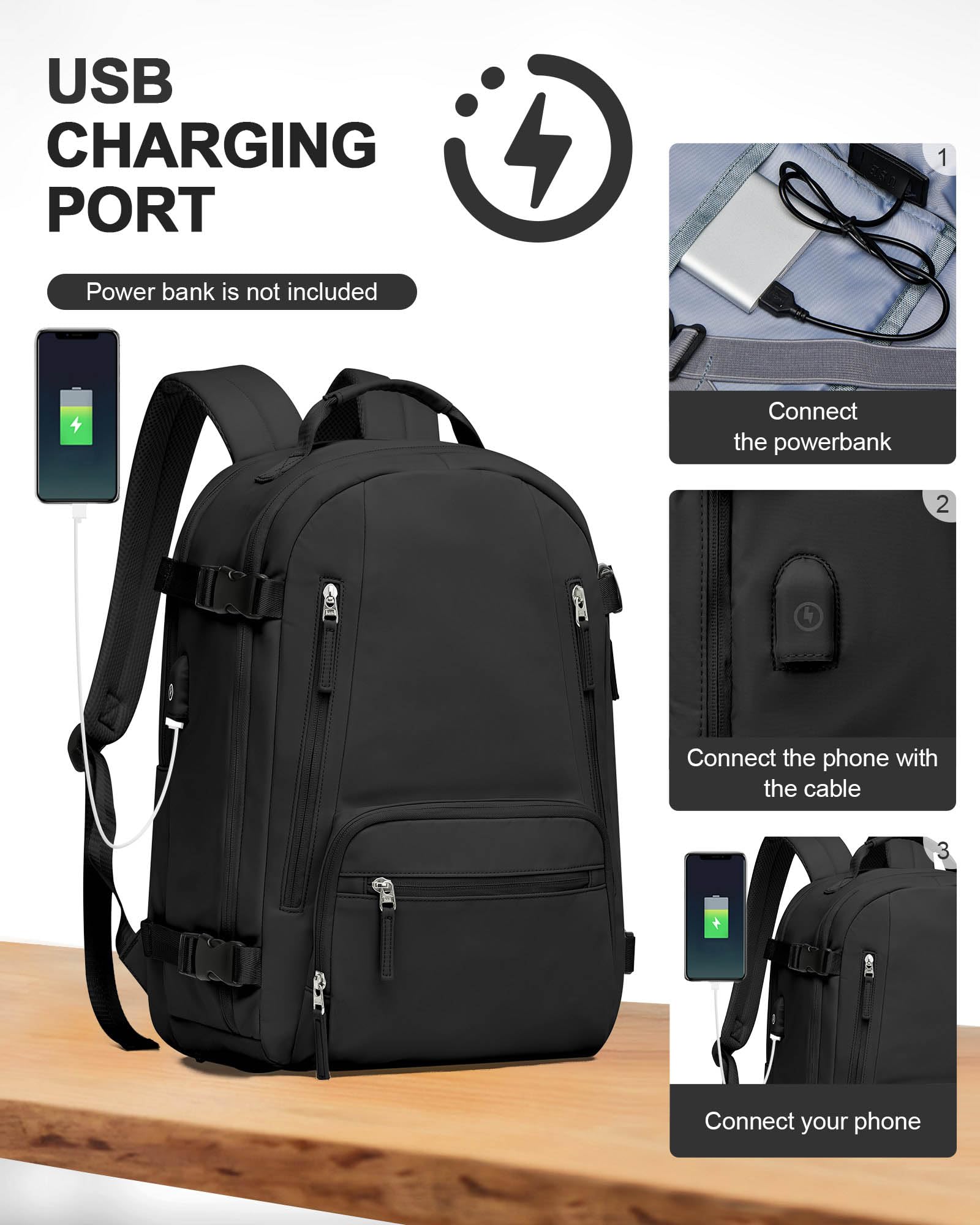 BJLFS Travel Backpack for Women & Men - TSA Approved 15.6 Inch Carry On Backpack with USB Charging Port & Shoe Compartment - Water Resistant Laptop Backpack for College, Nursing, Business Travel, Hiking & Weekend Getaways (Black) - Perfect for Airplane, Commuting & Outdoor Adventures